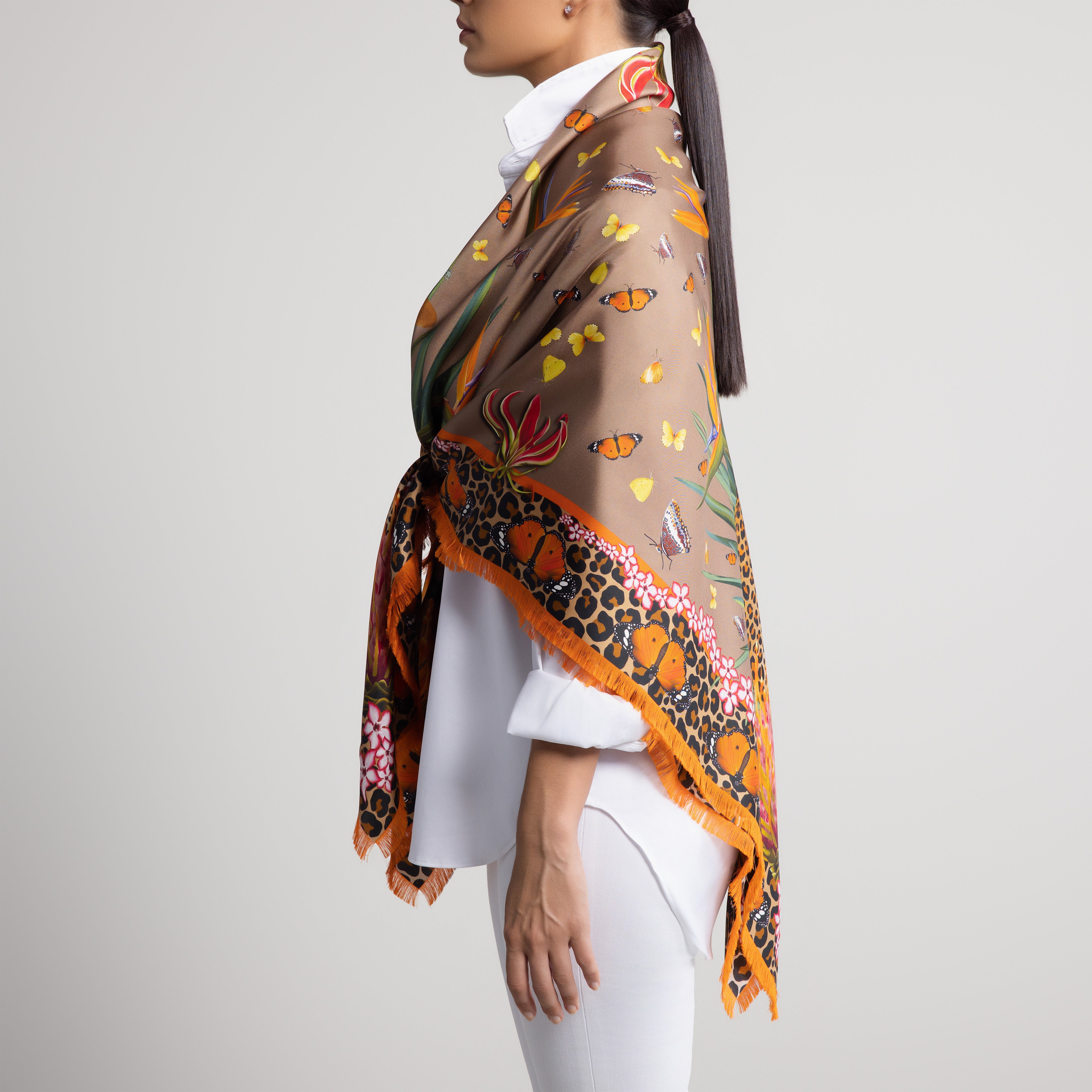 Leopard & Butterfly Grande Silk Scarf in Tan with Hand-Feathered Edges
