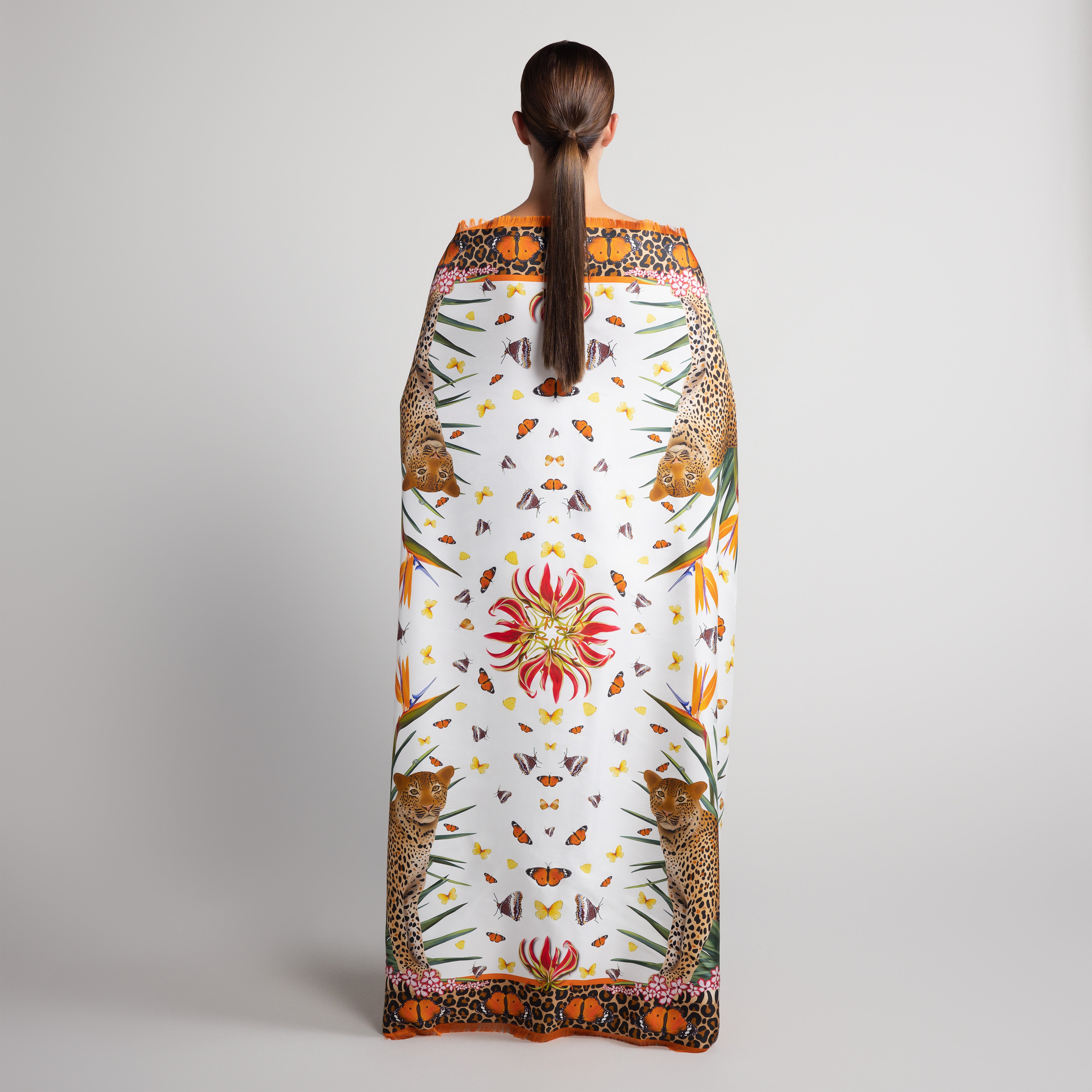 Leopard & Butterfly Grande Silk Scarf in White with Hand-Feathered Edges