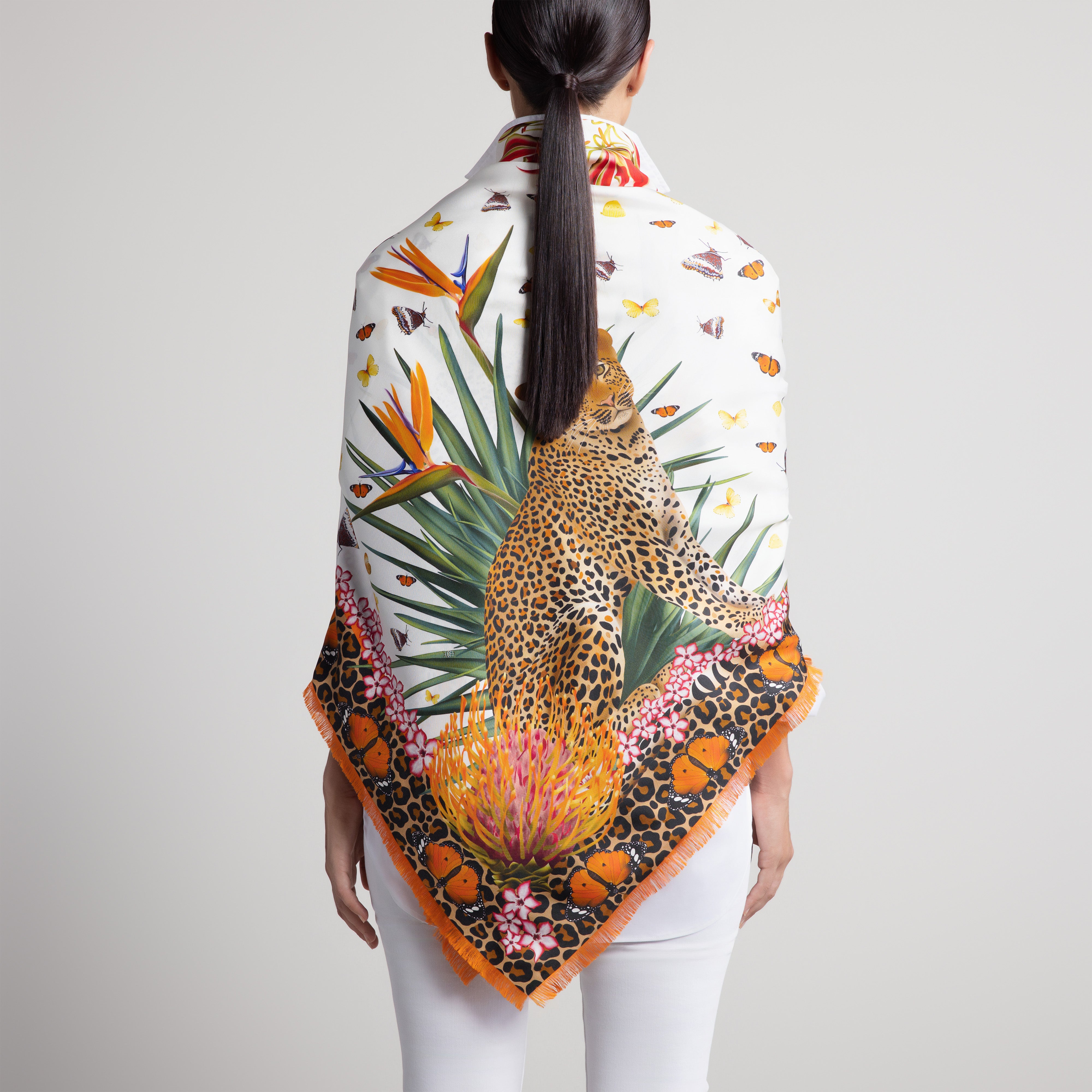 Leopard & Butterfly Grande Silk Scarf in White with Hand-Feathered Edges