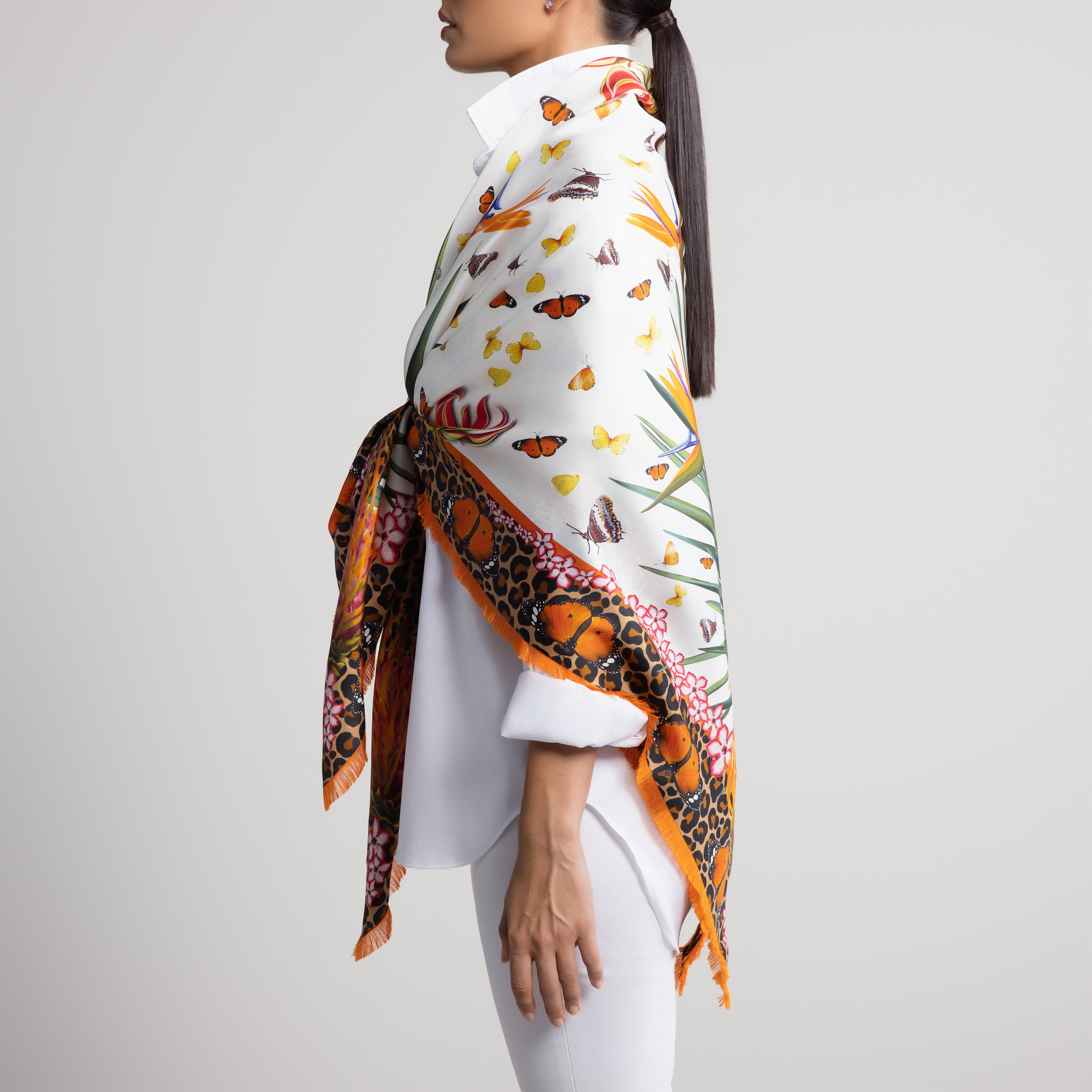 Leopard & Butterfly Grande Silk Scarf in White with Hand-Feathered Edges