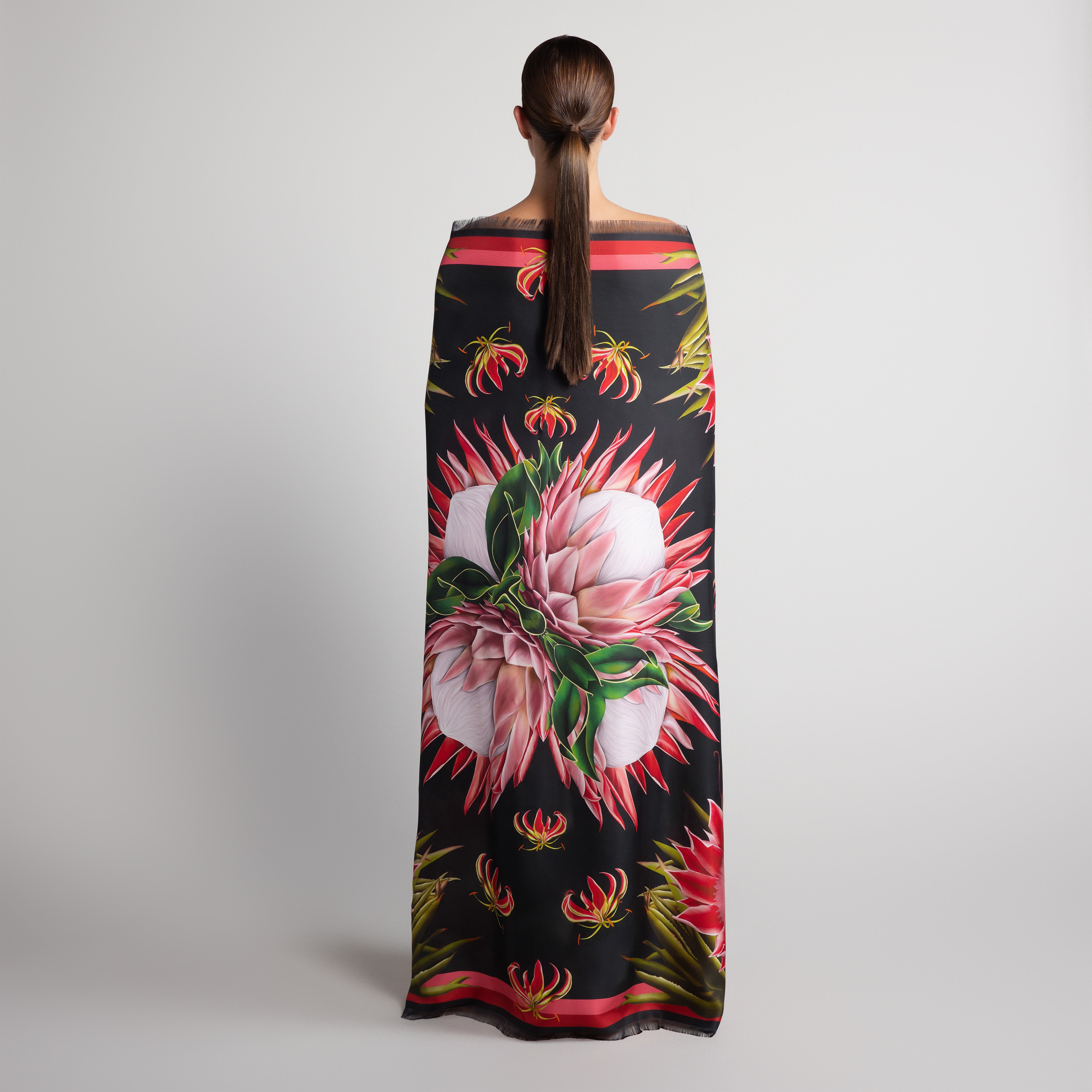 Protea Grande Silk Scarf in Black with Hand-Feathered Edges