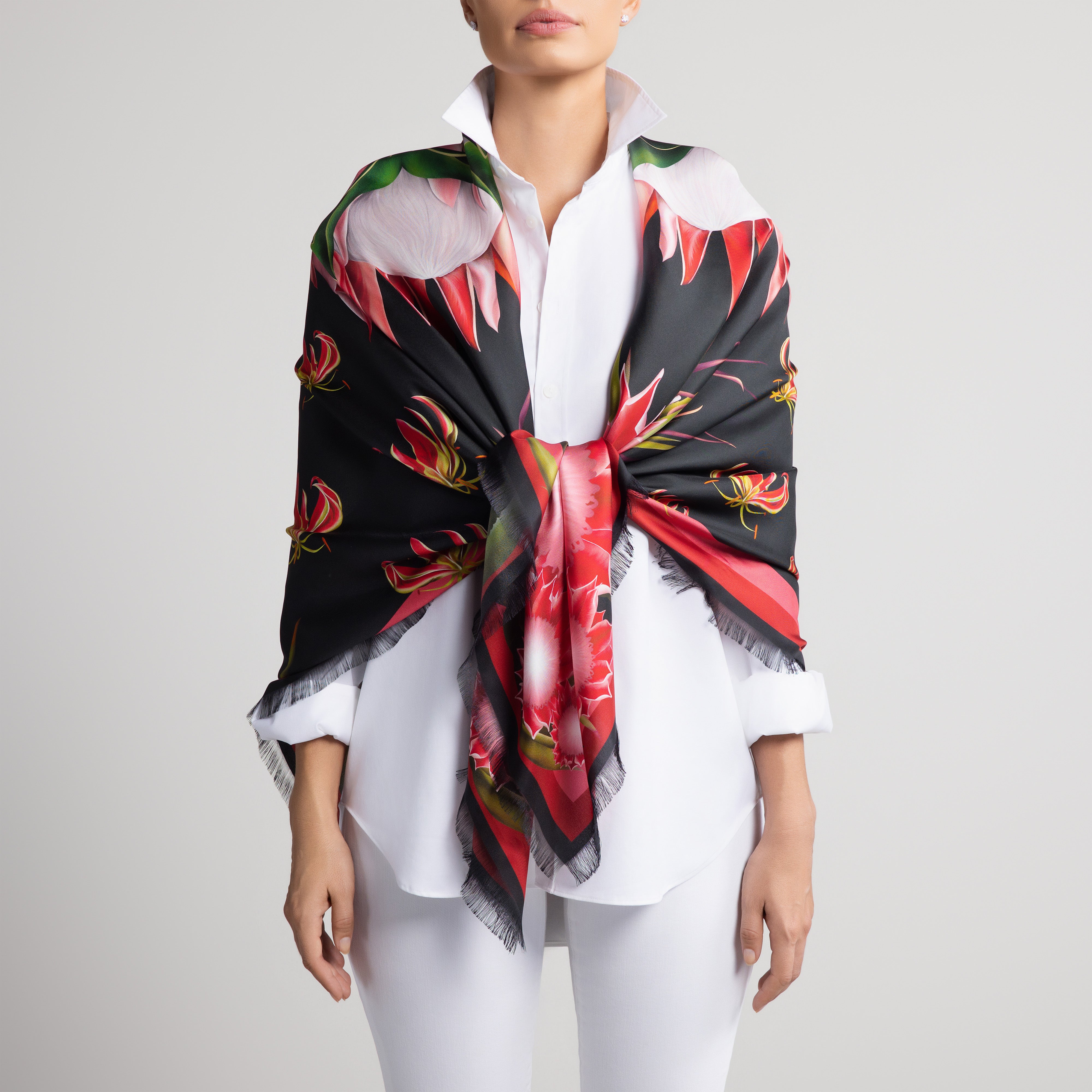Protea Grande Silk Scarf in Black with Hand-Feathered Edges