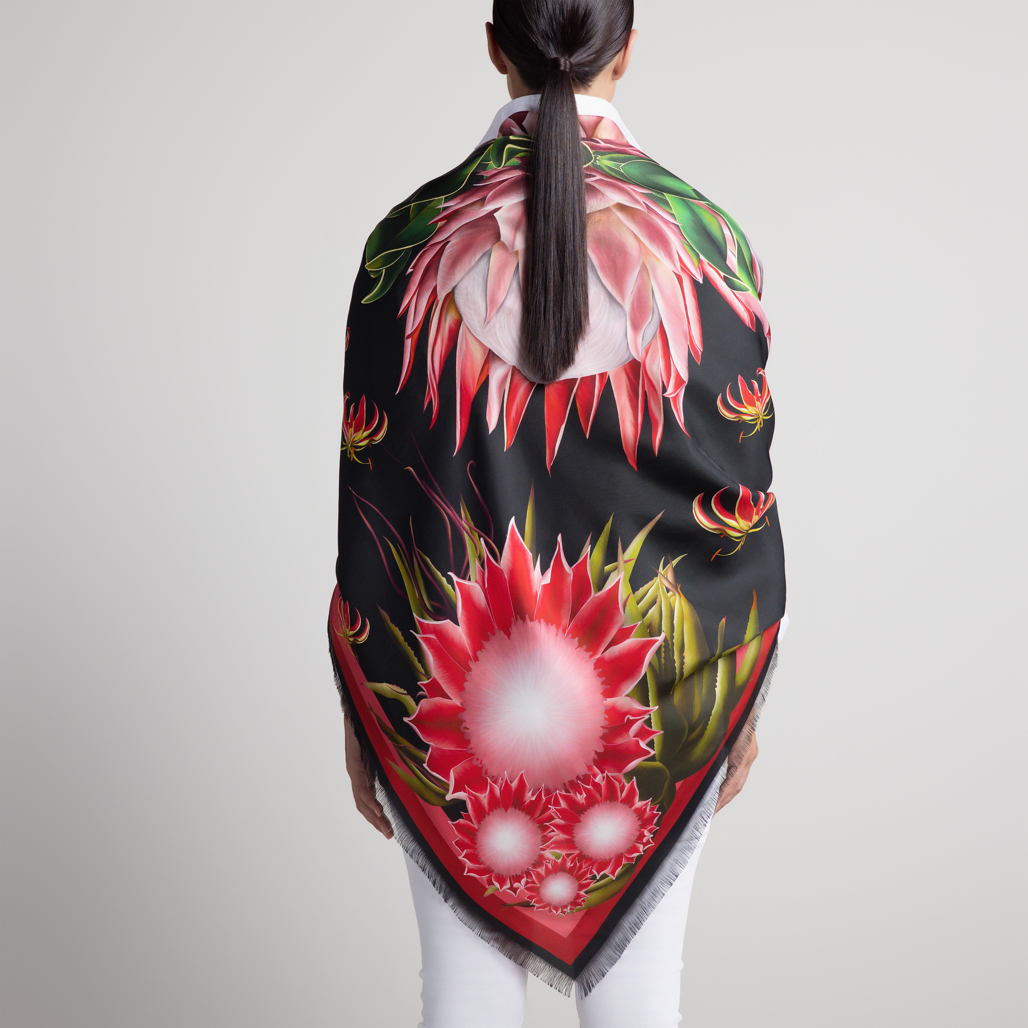 Protea Grande Silk Scarf in Black with Hand-Feathered Edges