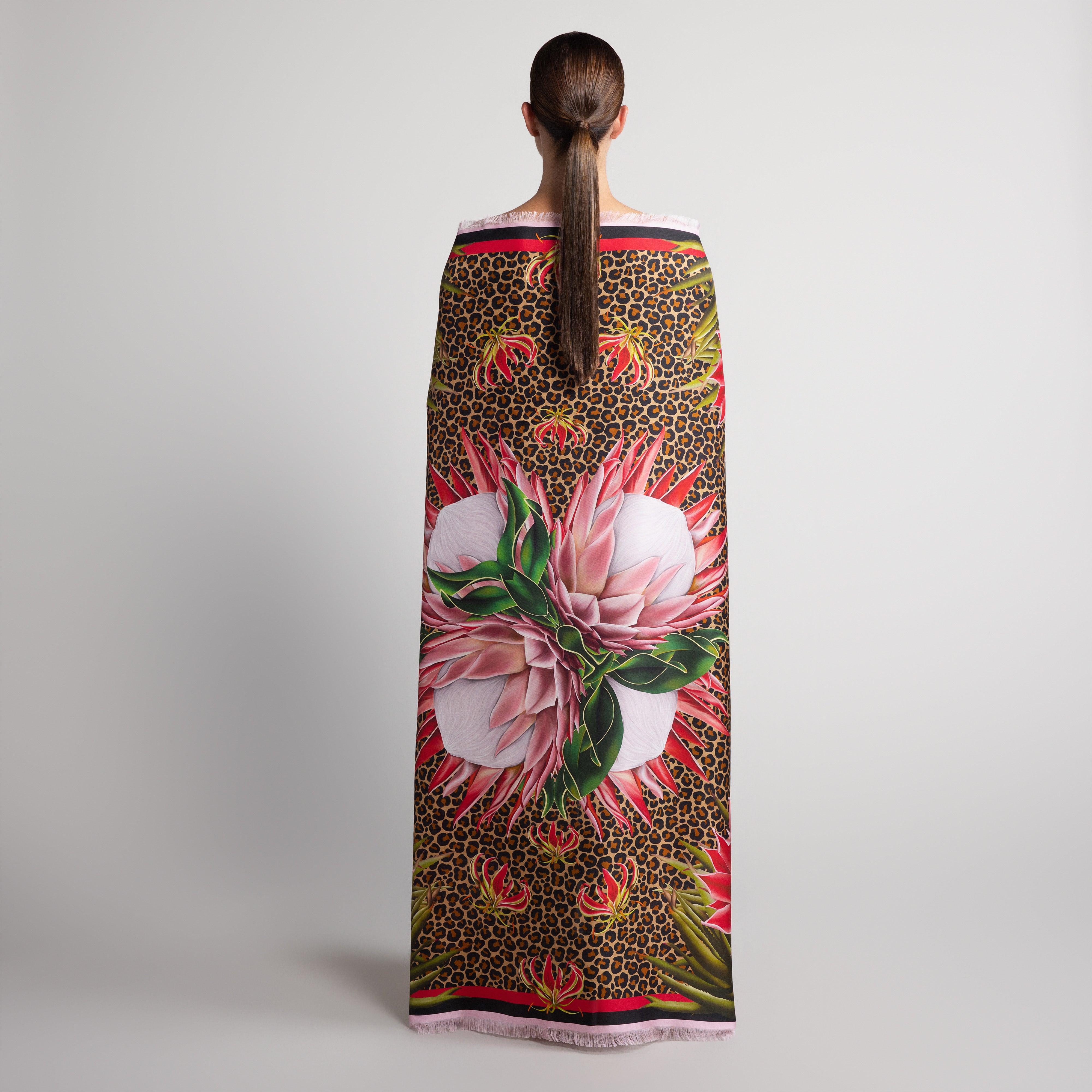 Protea Grande Silk Scarf in Leopard Print with Hand-Feathered Edges