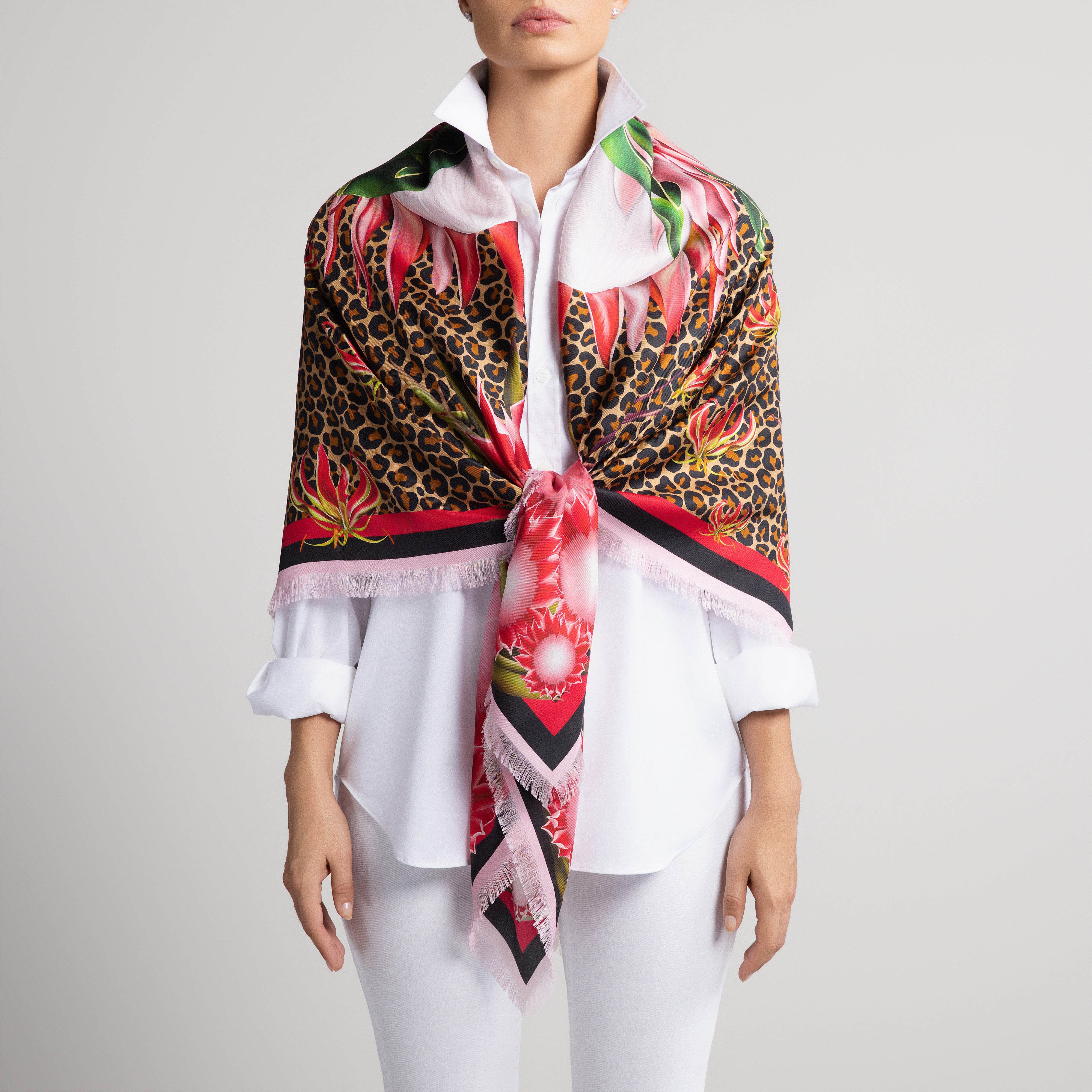 Protea Grande Silk Scarf in Leopard Print with Hand-Feathered Edges