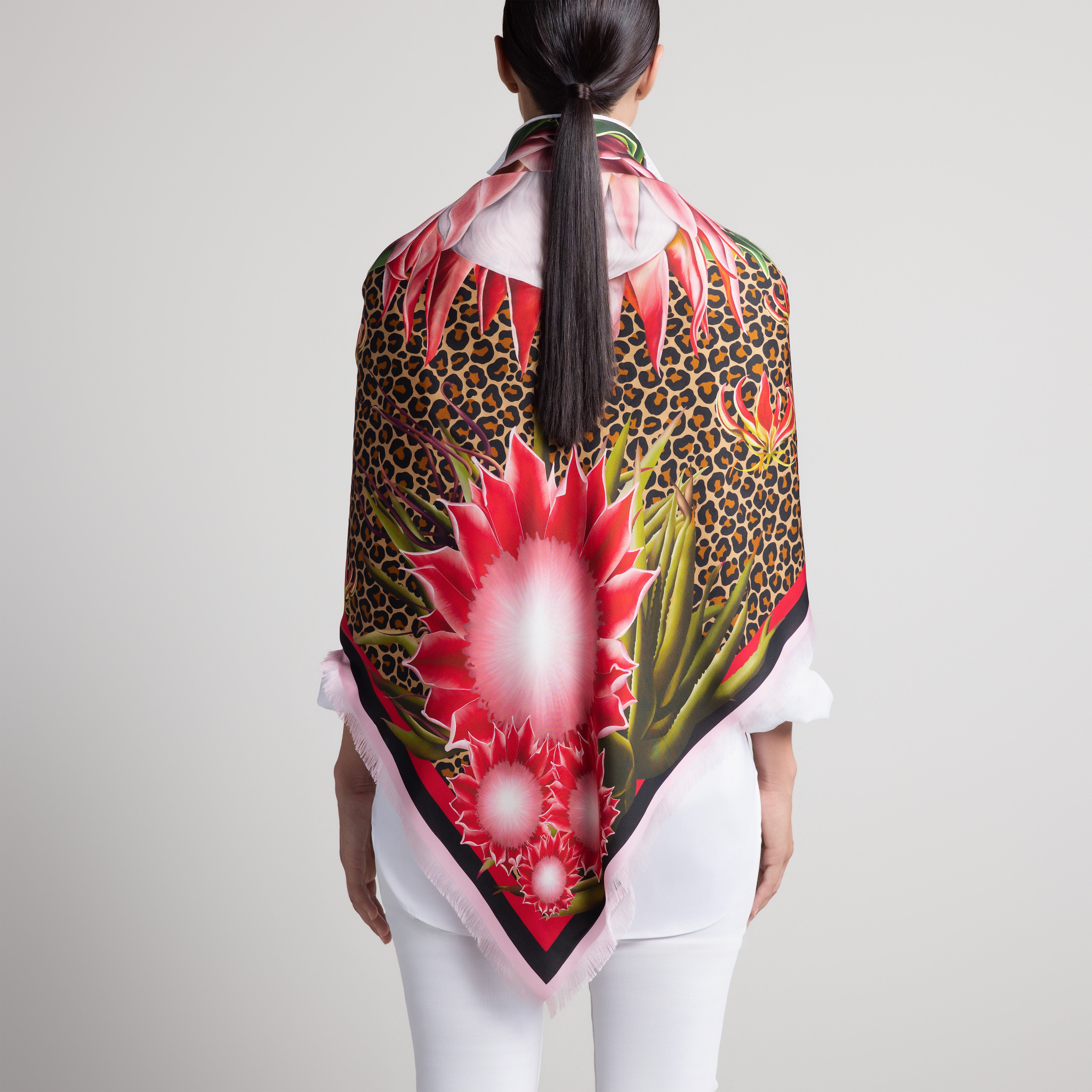 Protea Grande Silk Scarf in Leopard Print with Hand-Feathered Edges