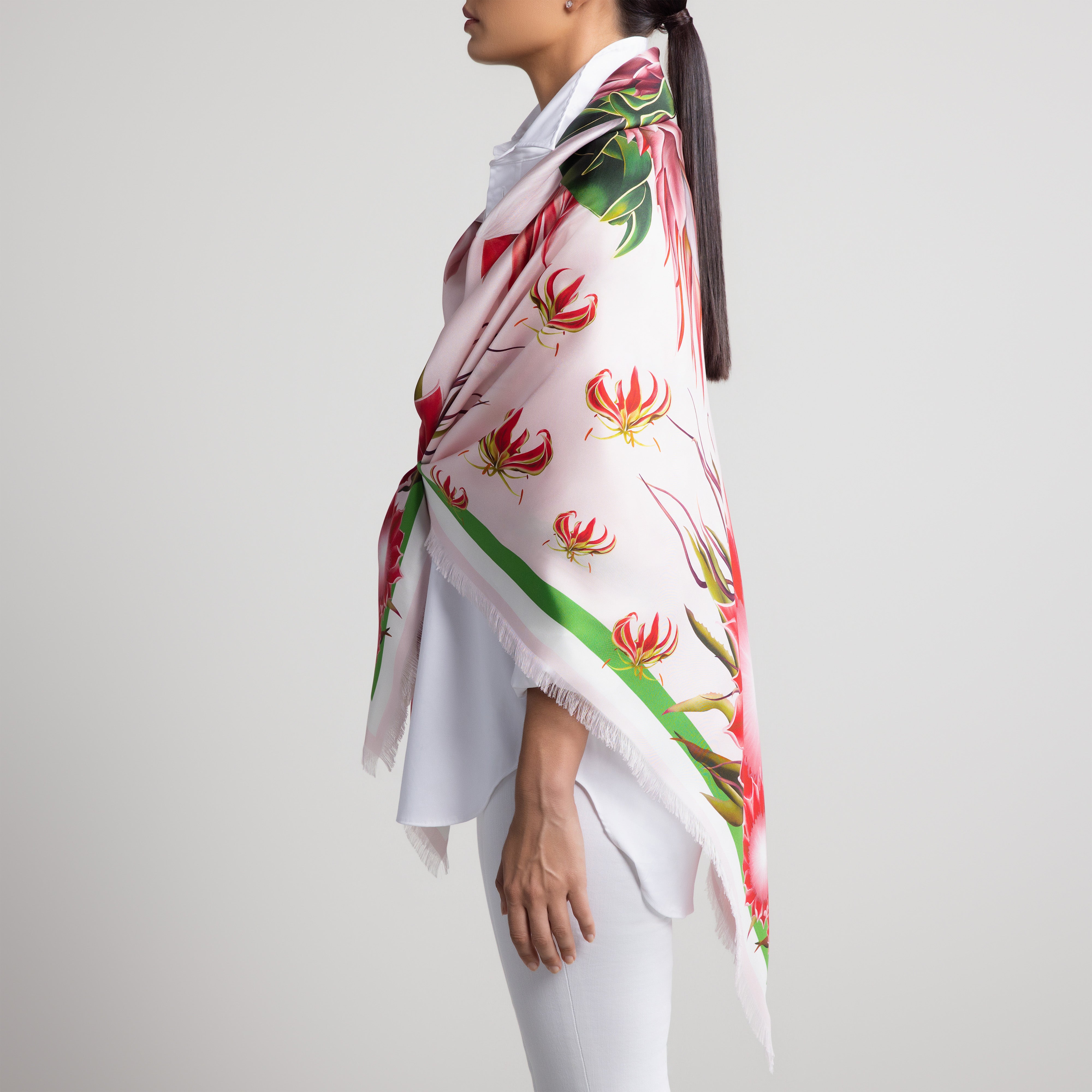 Protea Grande Silk Scarf in Pale Pink with Hand-Feathered Edges