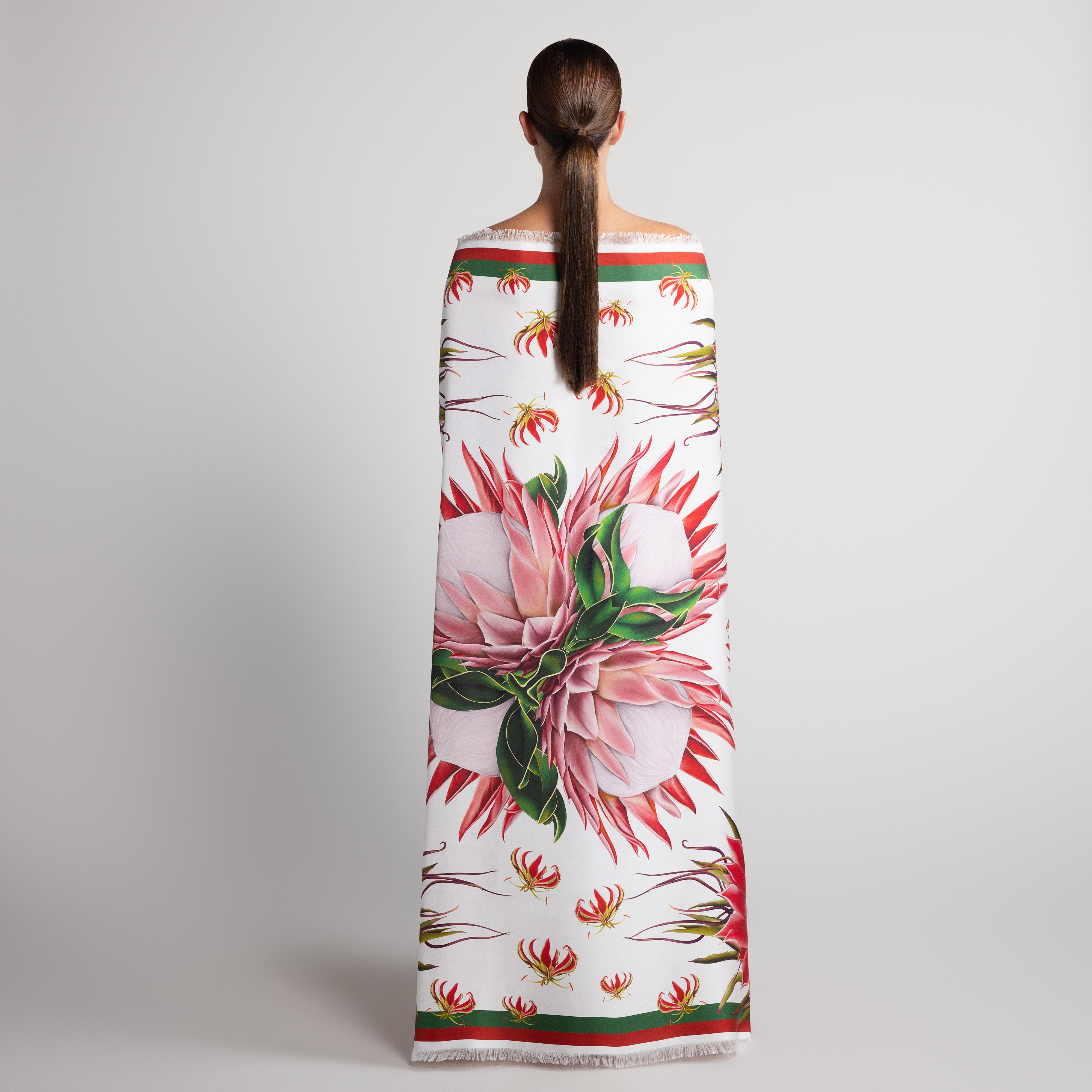 Protea Grande Silk Scarf in White with Hand-Feathered Edges