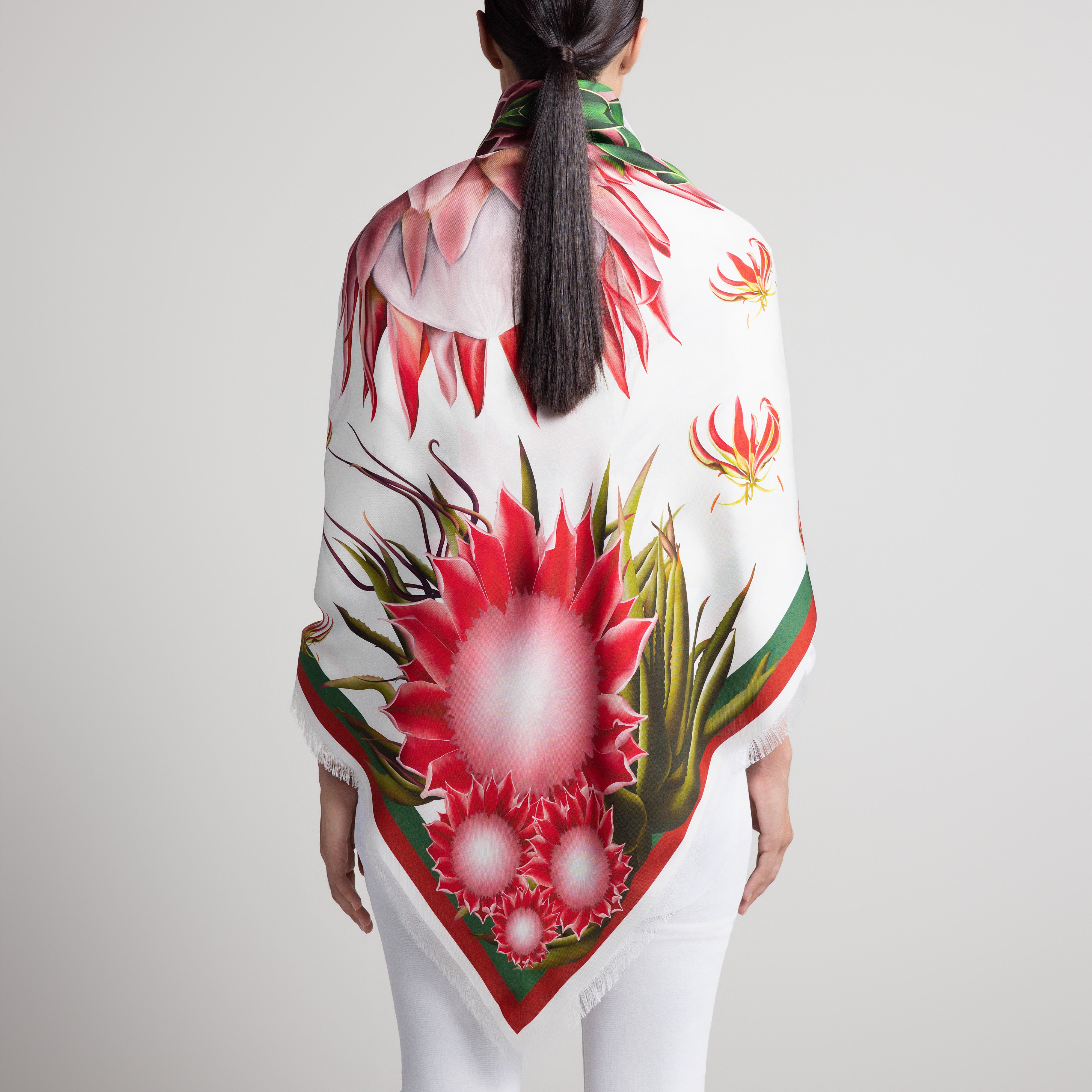 Protea Grande Silk Scarf in White with Hand-Feathered Edges