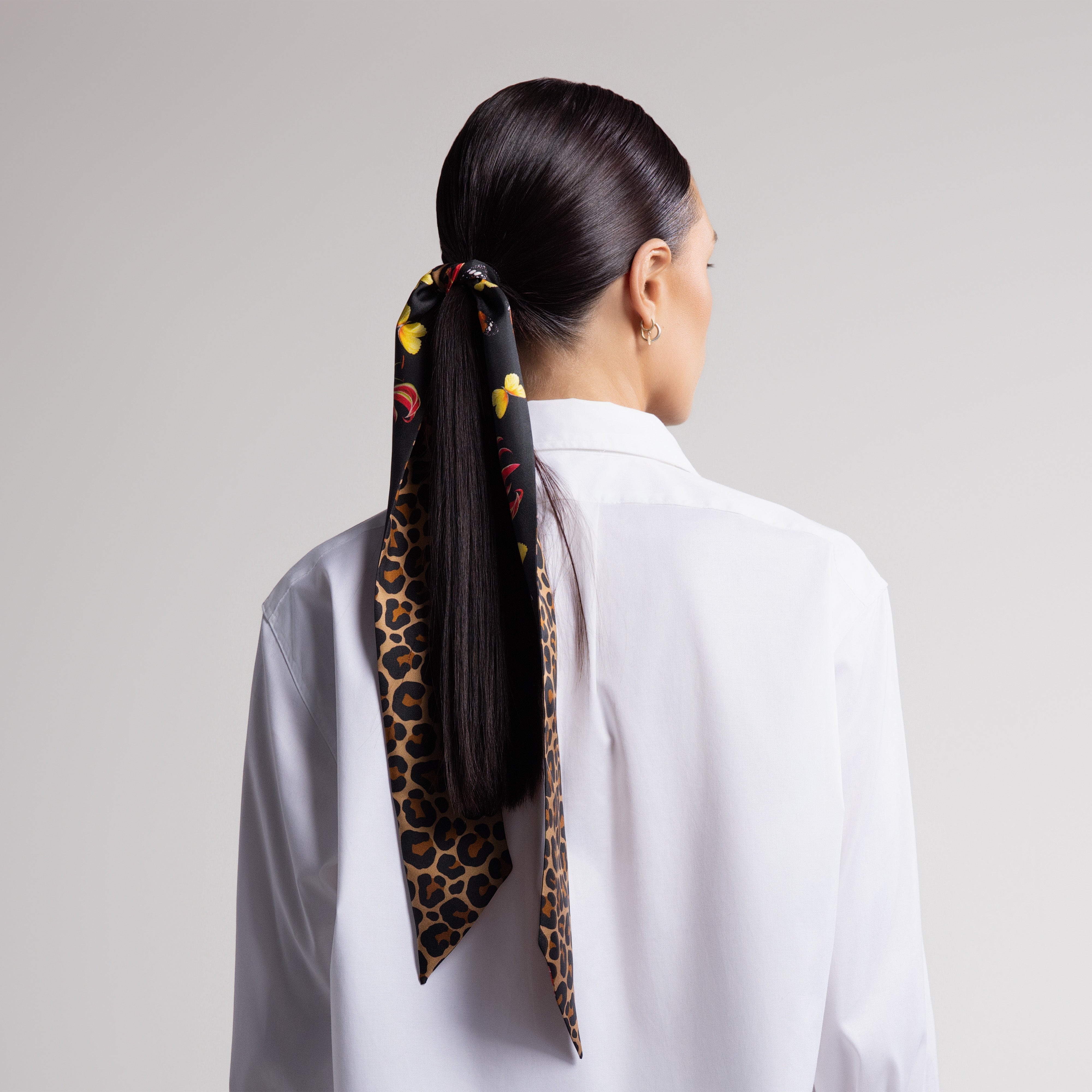 Safari Butterfly Silk Scarfette in Black & Leopard