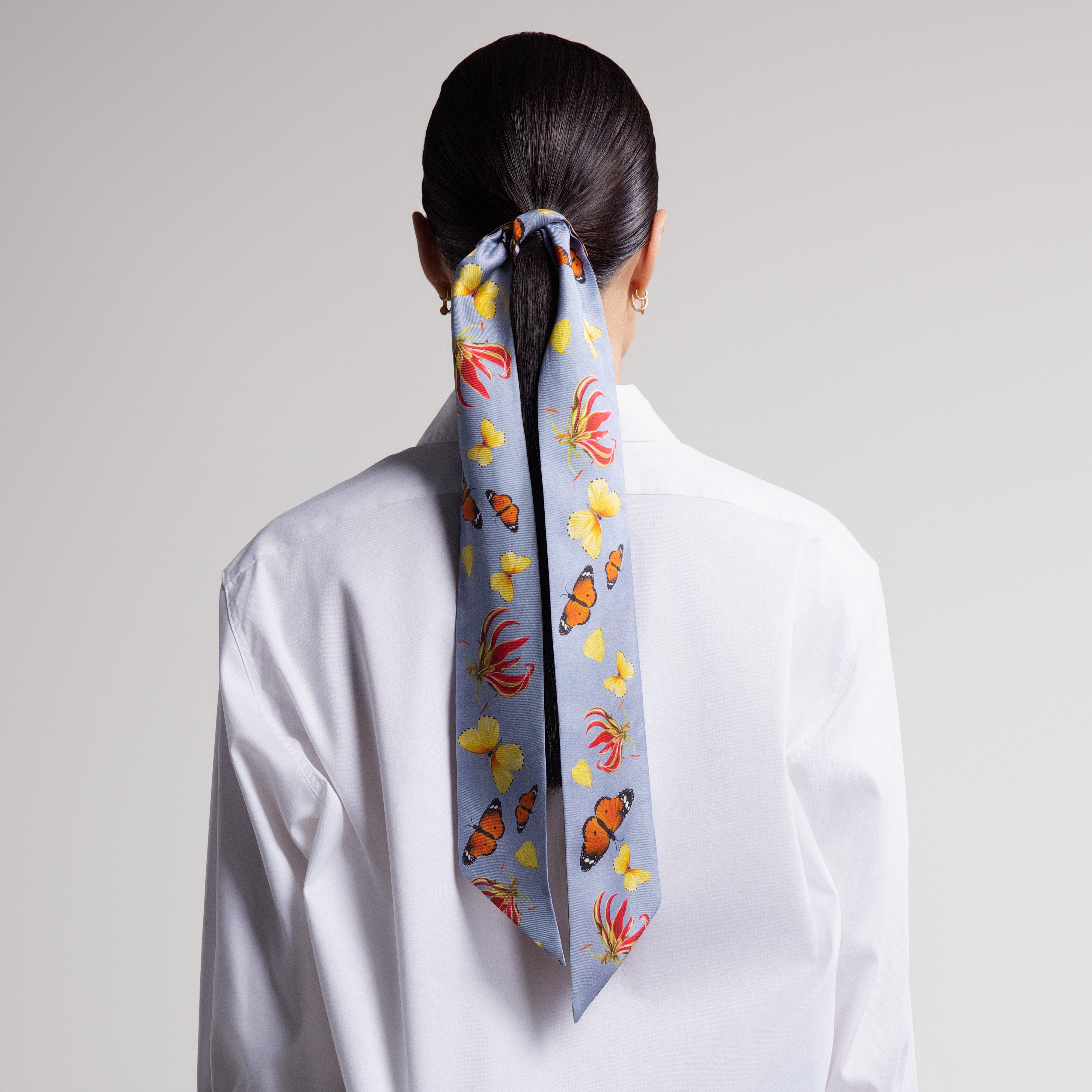 Safari Butterfly Silk Scarfette in Light Blue & Leopard