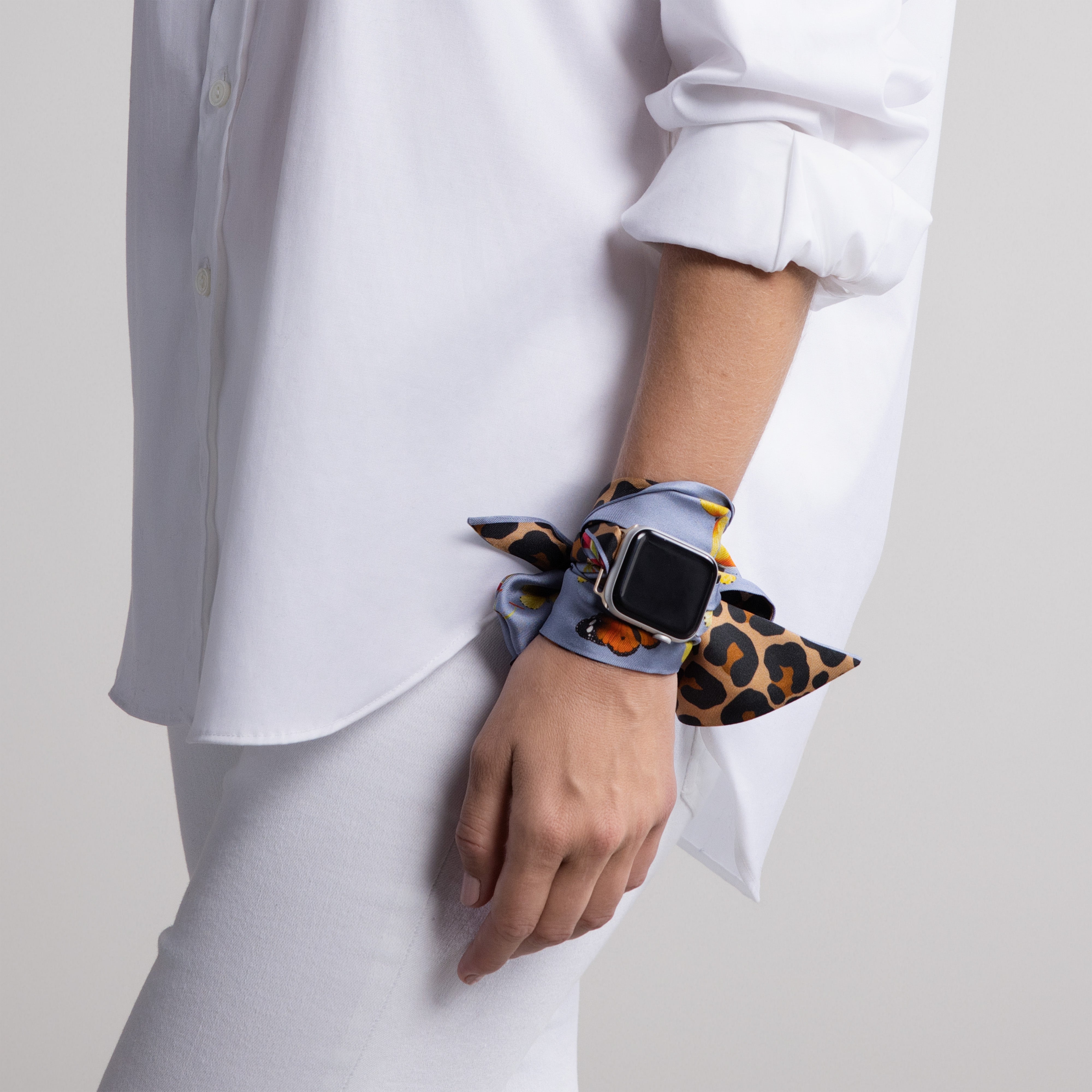 Safari Butterfly Silk Scarfette in Light Blue & Leopard