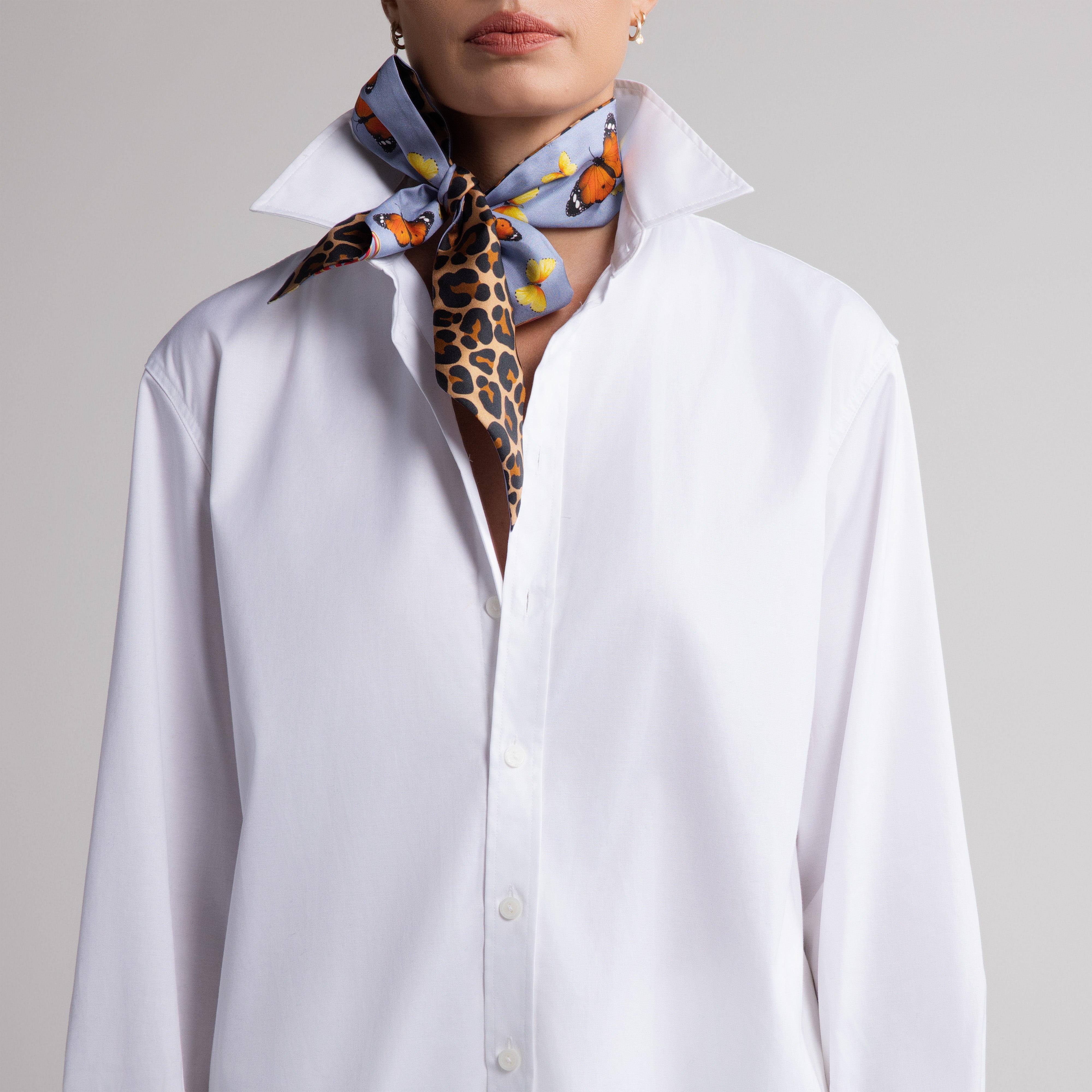 Safari Butterfly Silk Scarfette in Light Blue & Leopard