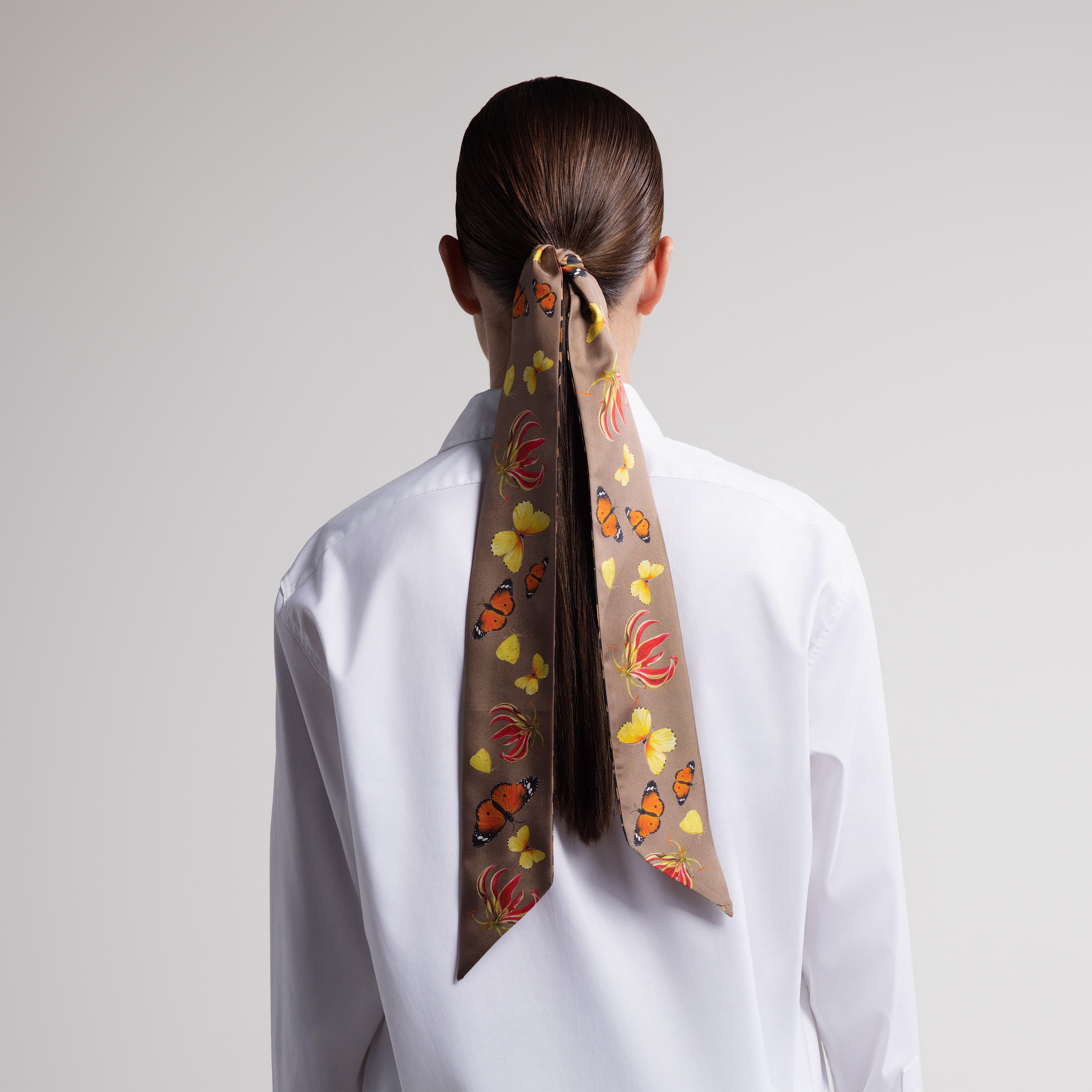 Safari Butterfly Silk Scarfette in Tan & Leopard