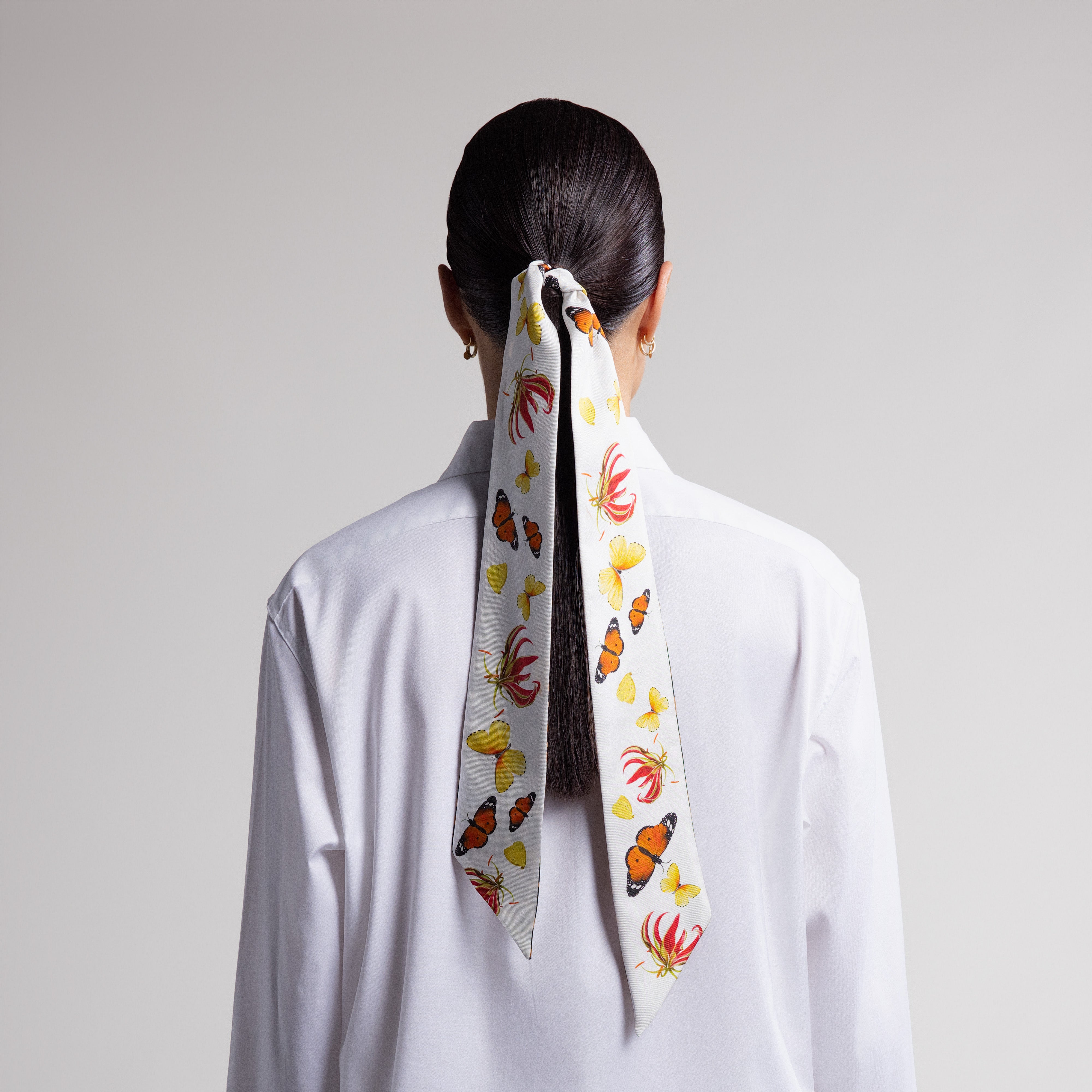 Safari Butterfly Silk Scarfette in White & Leopard