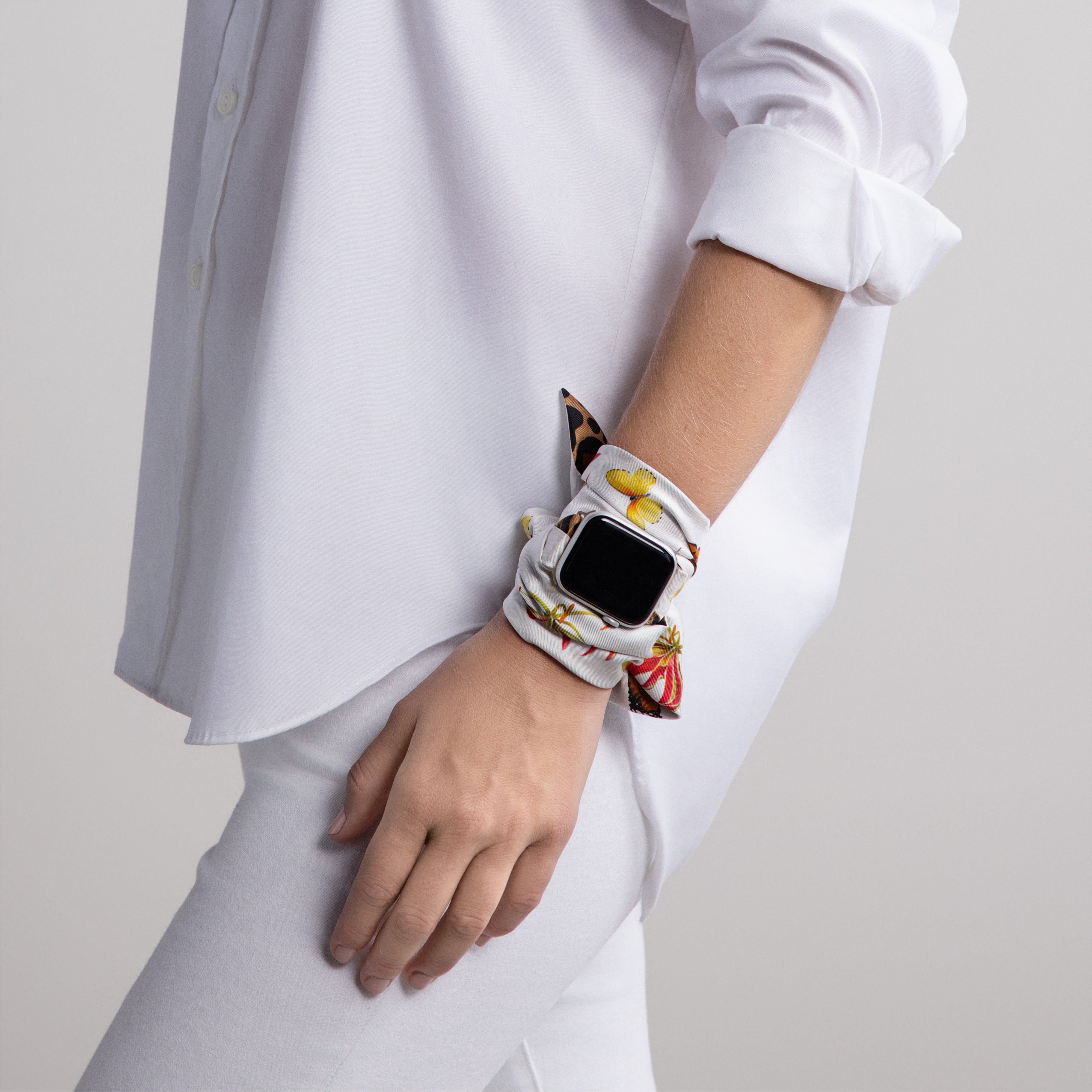 Safari Butterfly Silk Scarfette in White & Leopard
