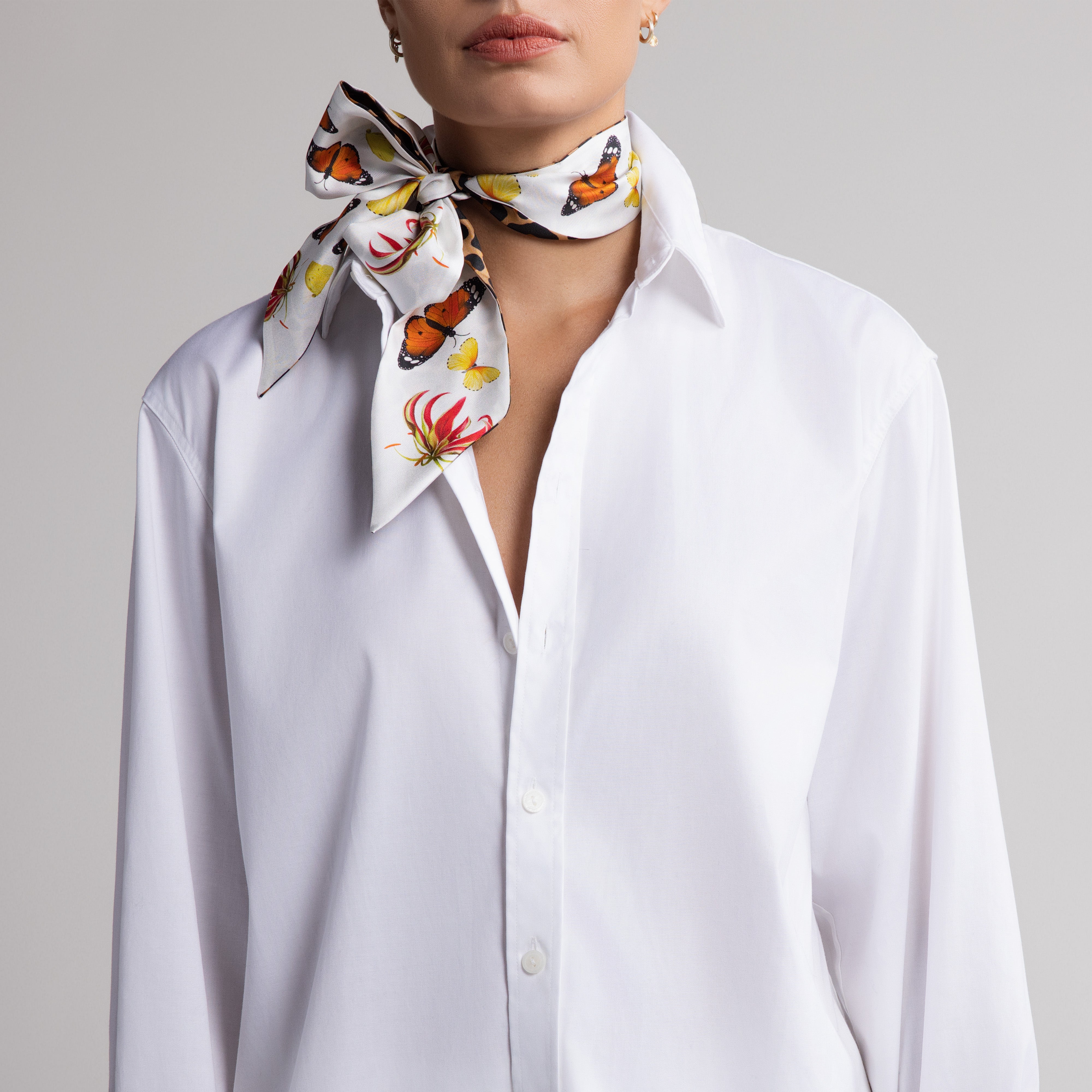 Safari Butterfly Silk Scarfette in White & Leopard