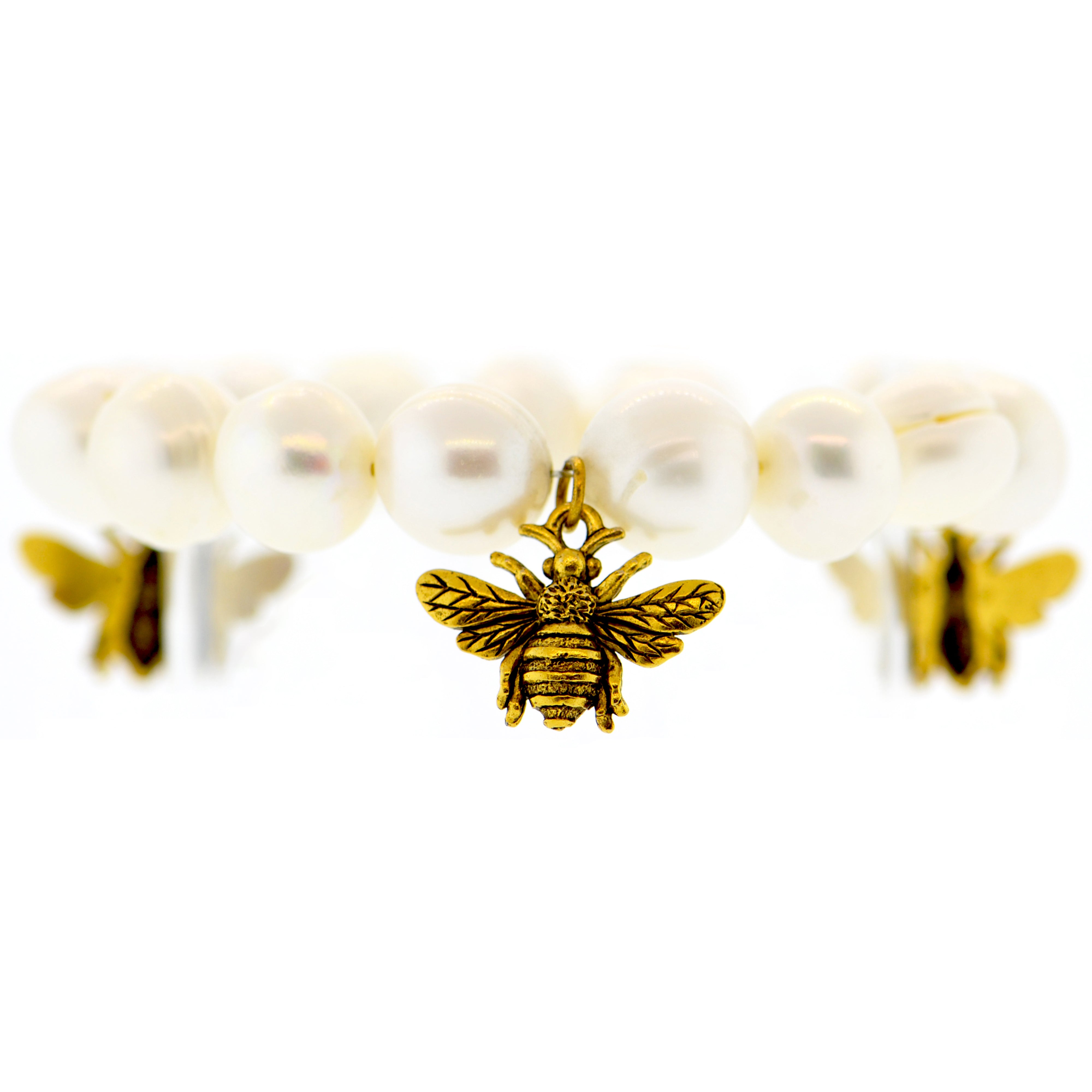 White Pearl Bumble Bee Botanical Bracelet