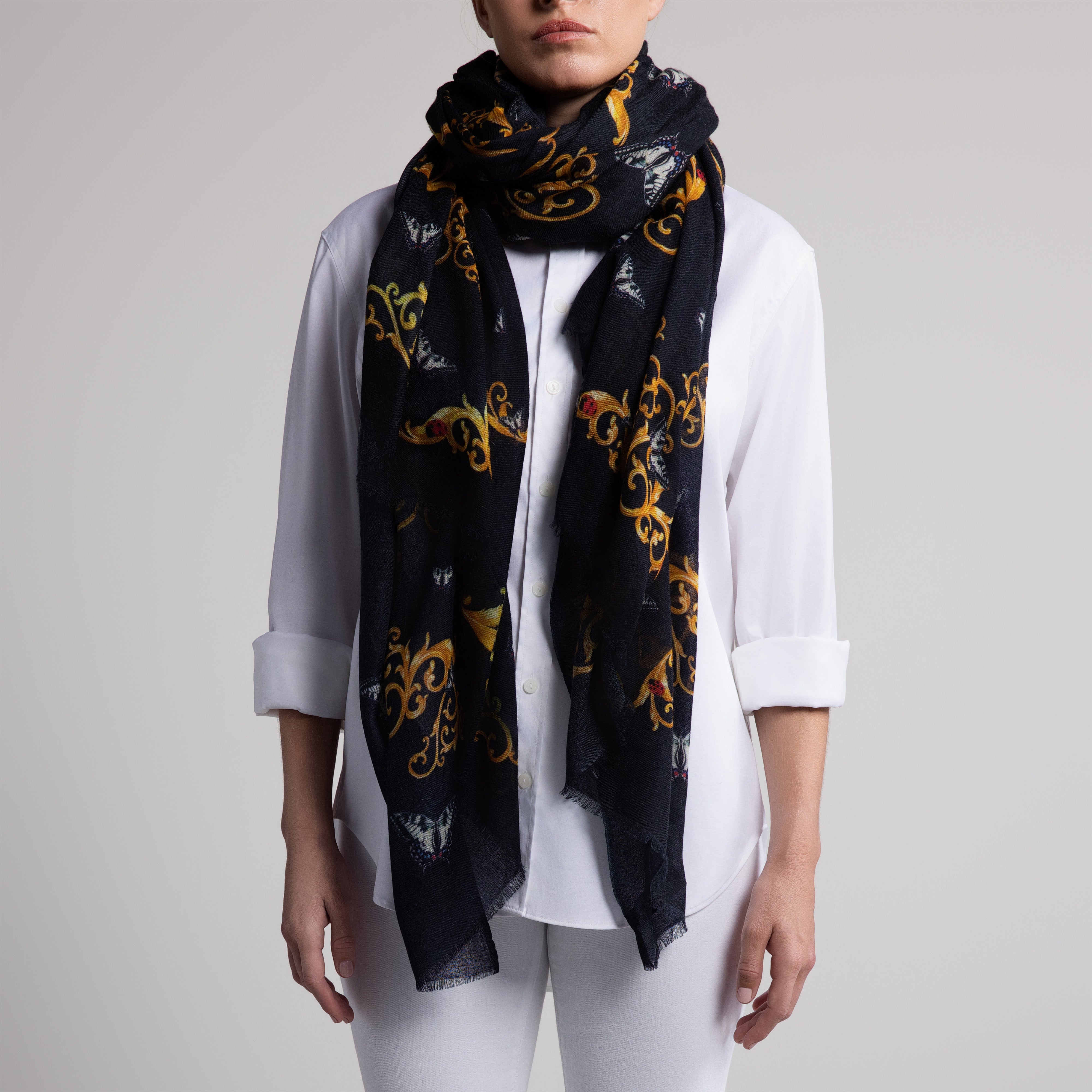 Butterfly & Baroque 100% Cashmere Scarf in Black