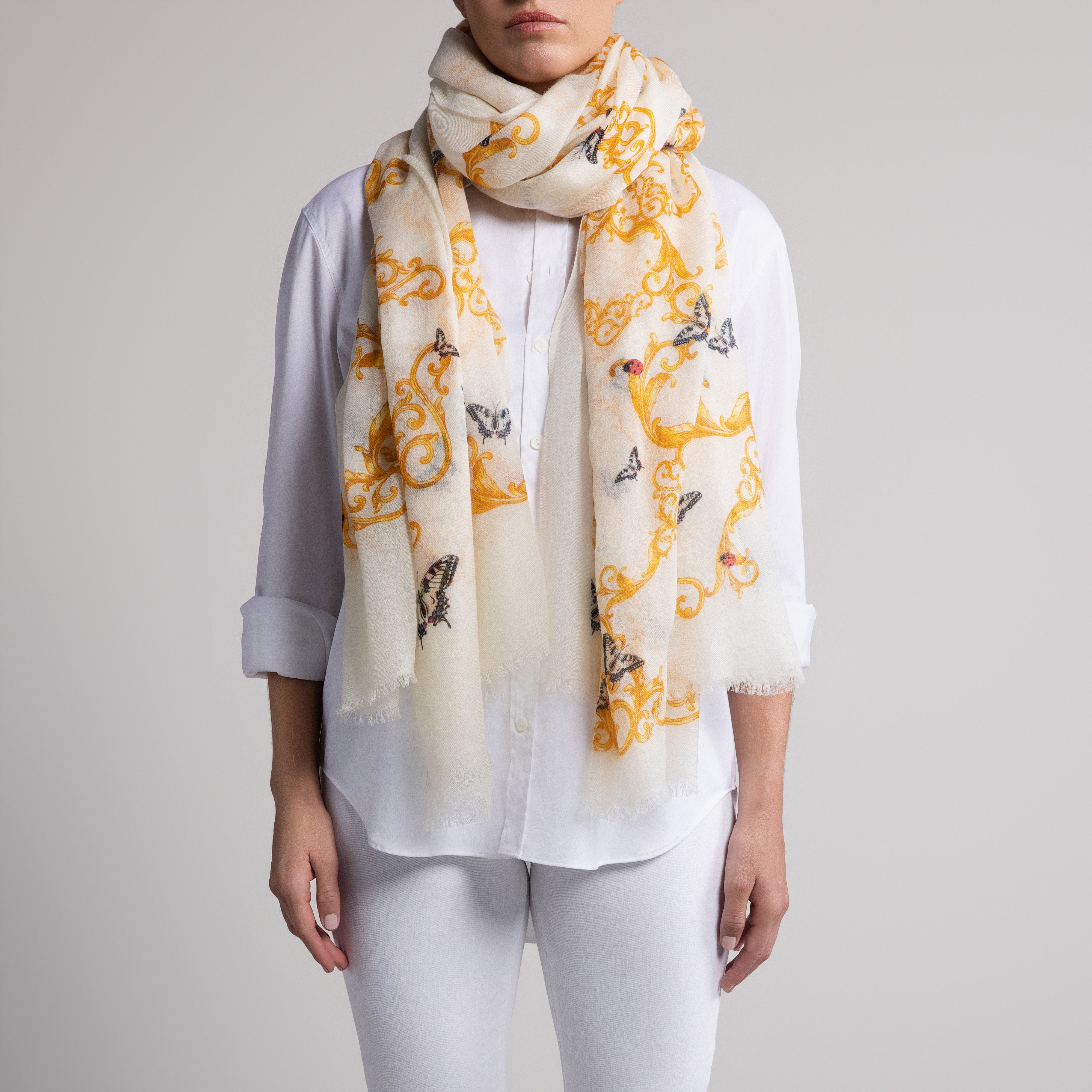 Butterfly & Baroque  100% Cashmere Scarf in Cream