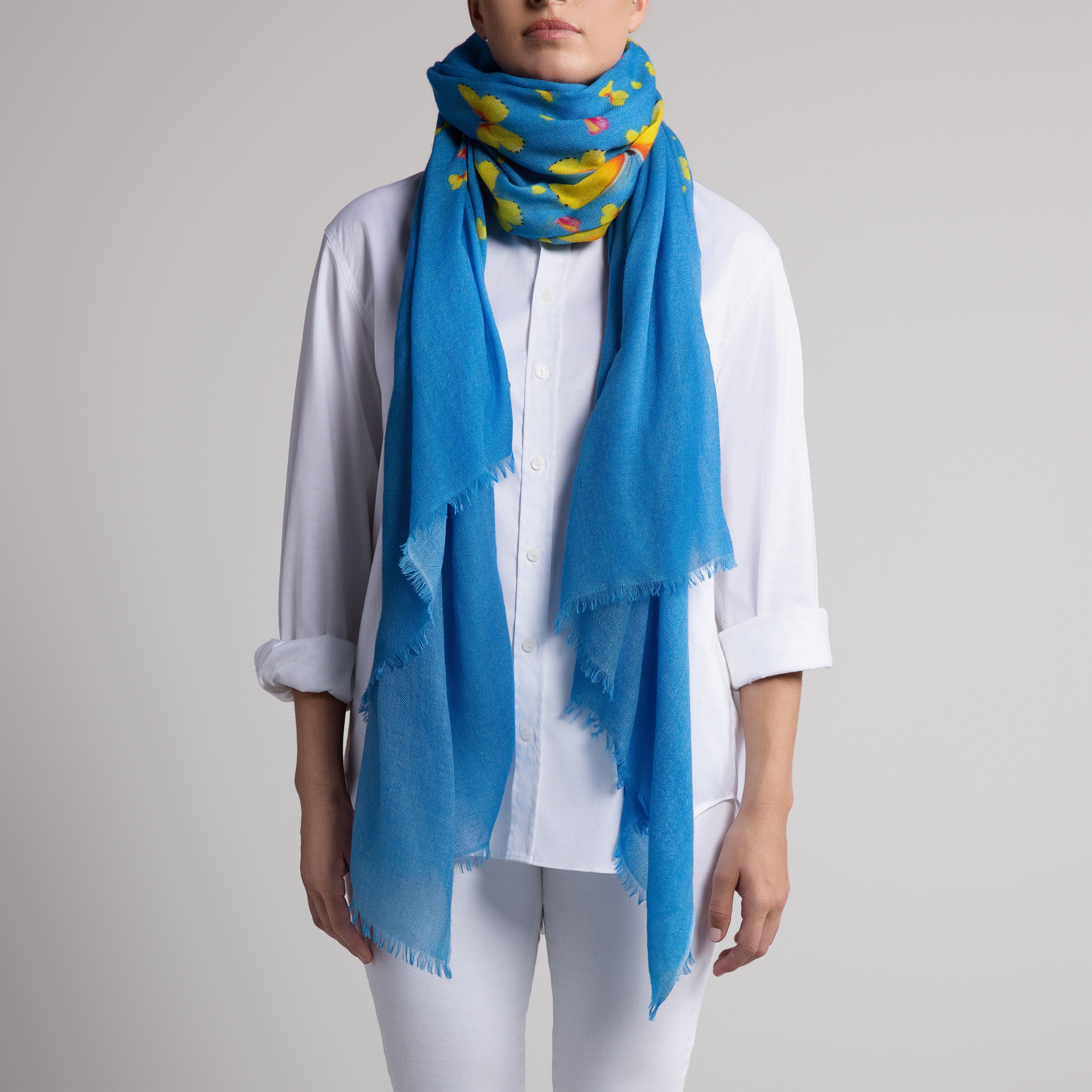 Safari Butterfly 100% Cashmere Scarf in French Blue