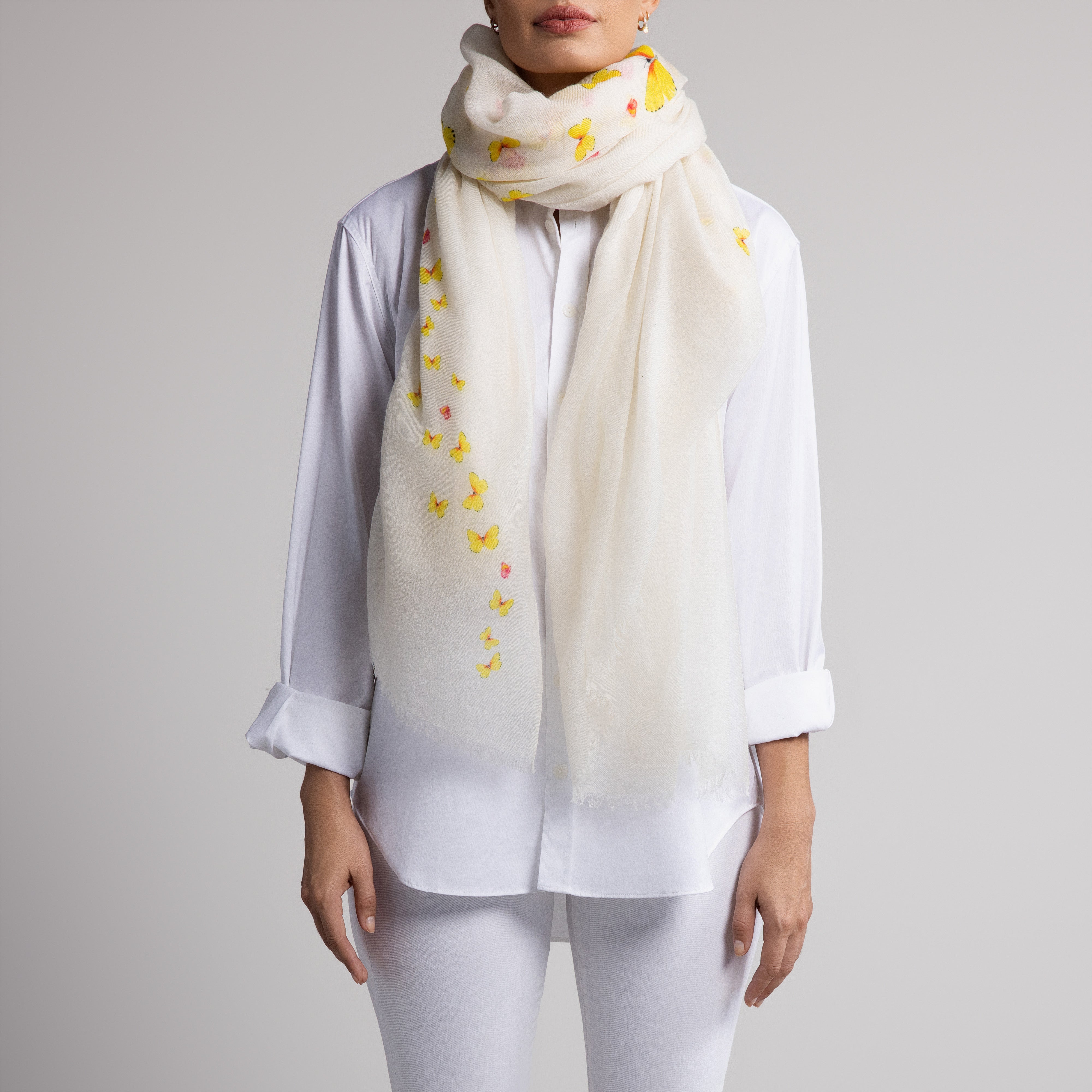 Safari Butterfly 100% Cashmere Scarf in White