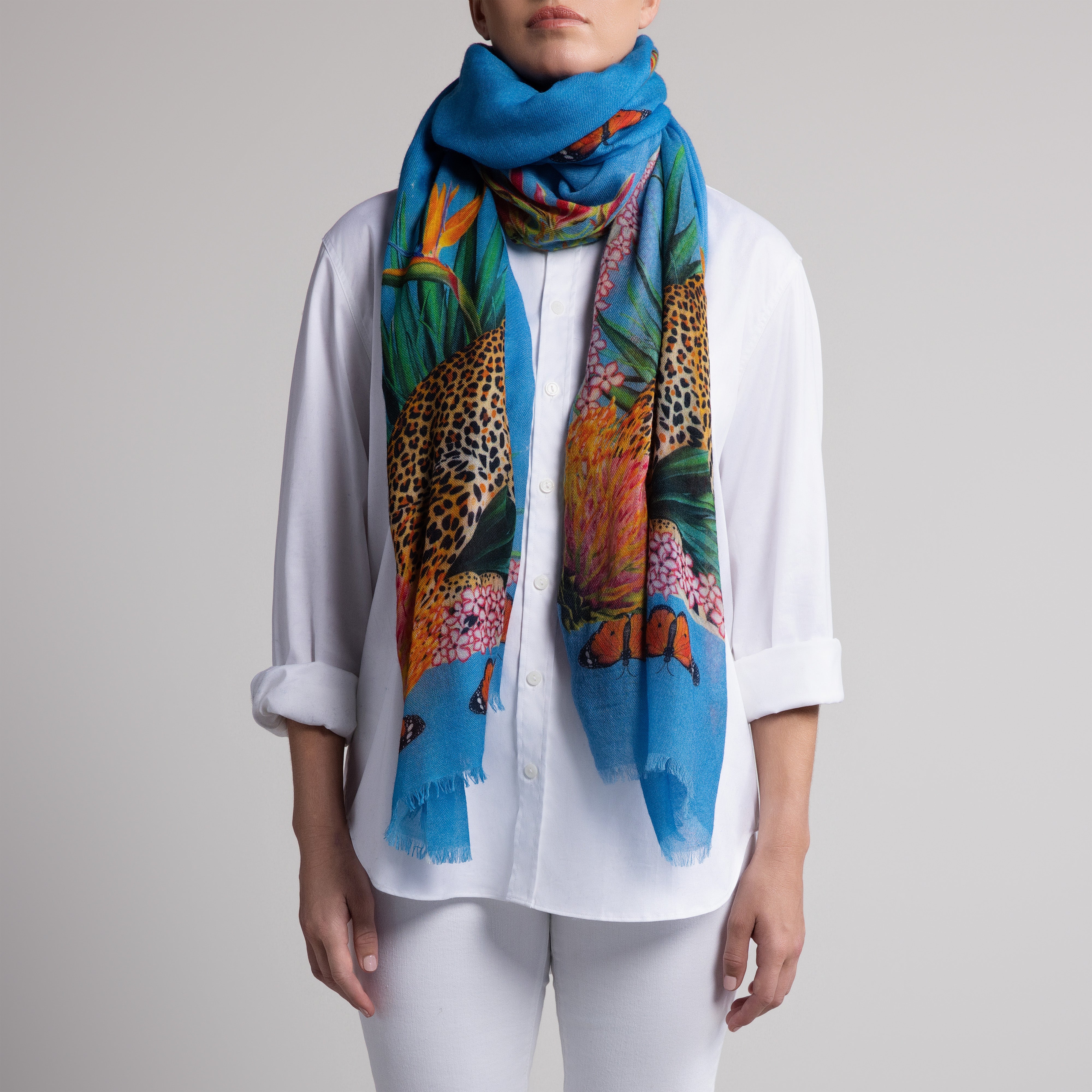 Leopard Butterfly 100% Cashmere Scarf in Blue