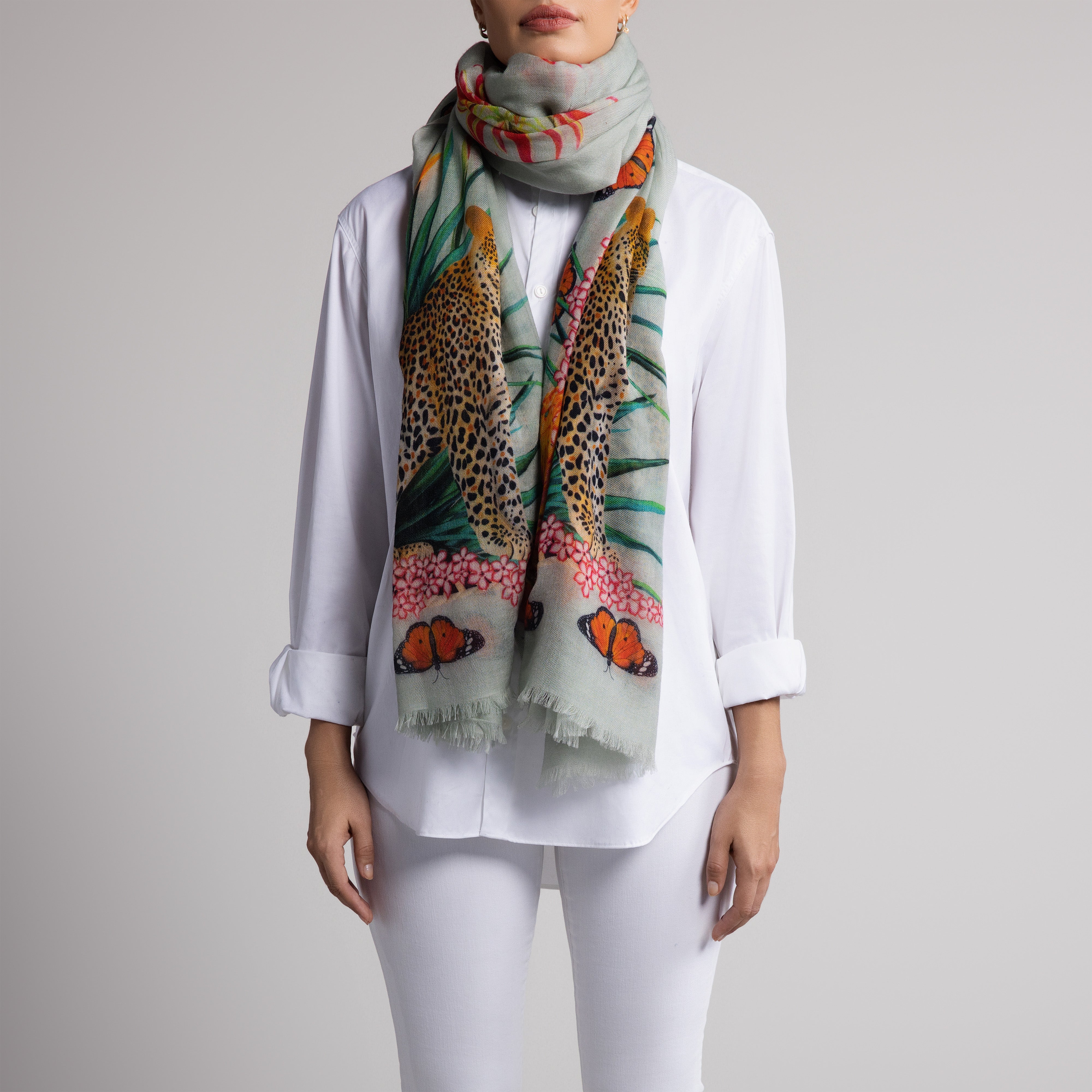 Leopard Butterfly 100% Cashmere Scarf in Seafoam Grey