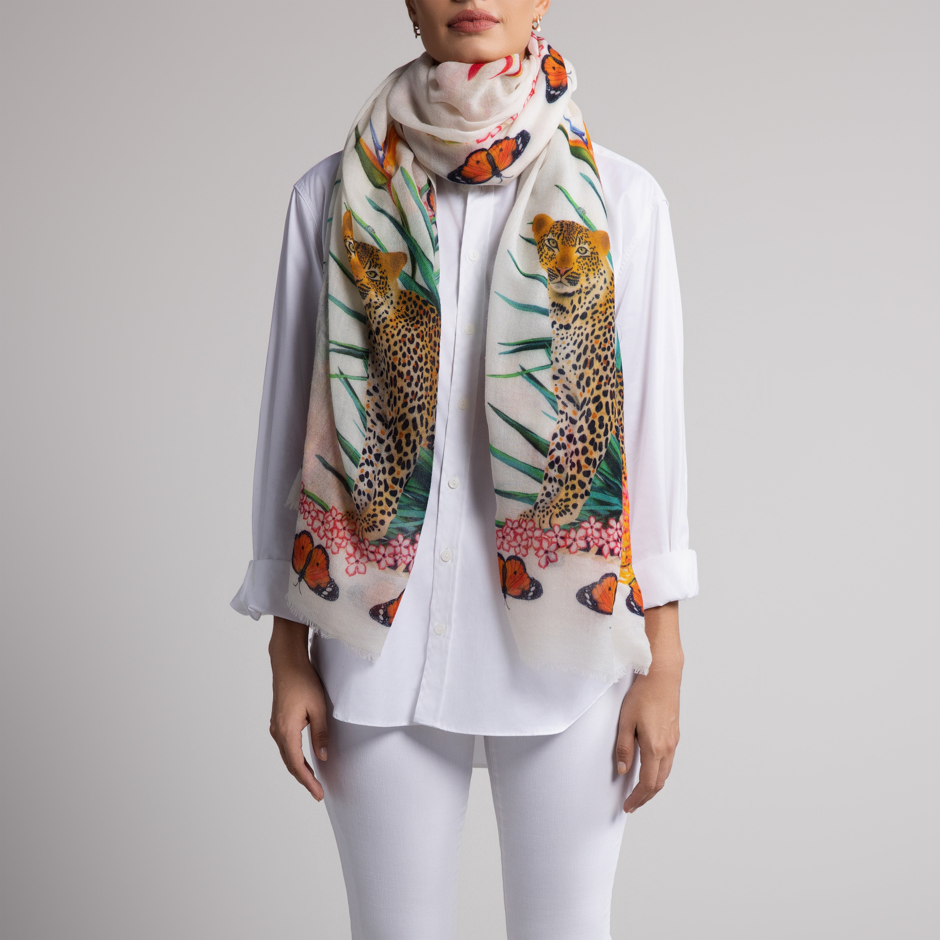 Leopard Butterfly 100% Cashmere Scarf in White