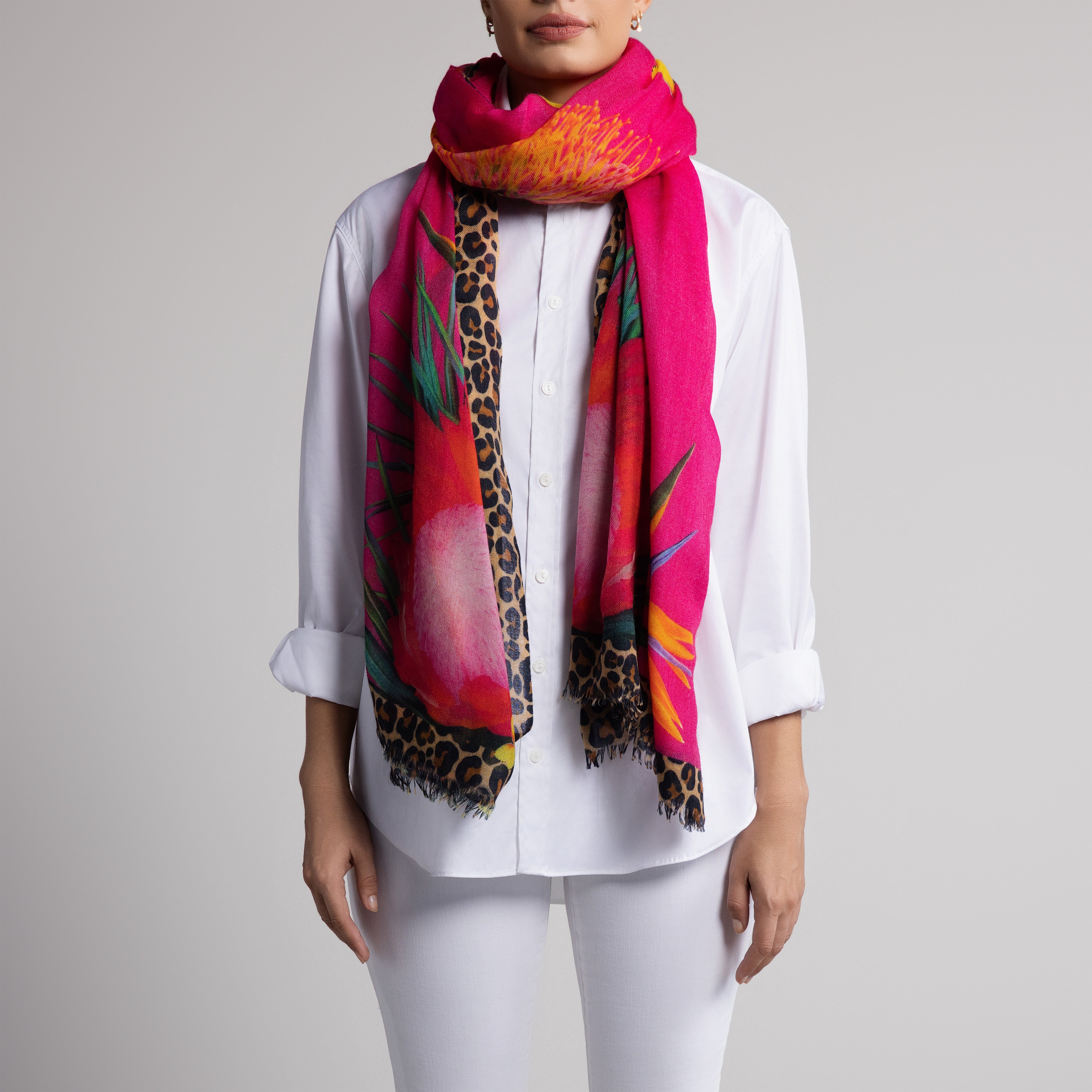 Protea Butterfly 100% Cashmere Scarf in Hot Pink