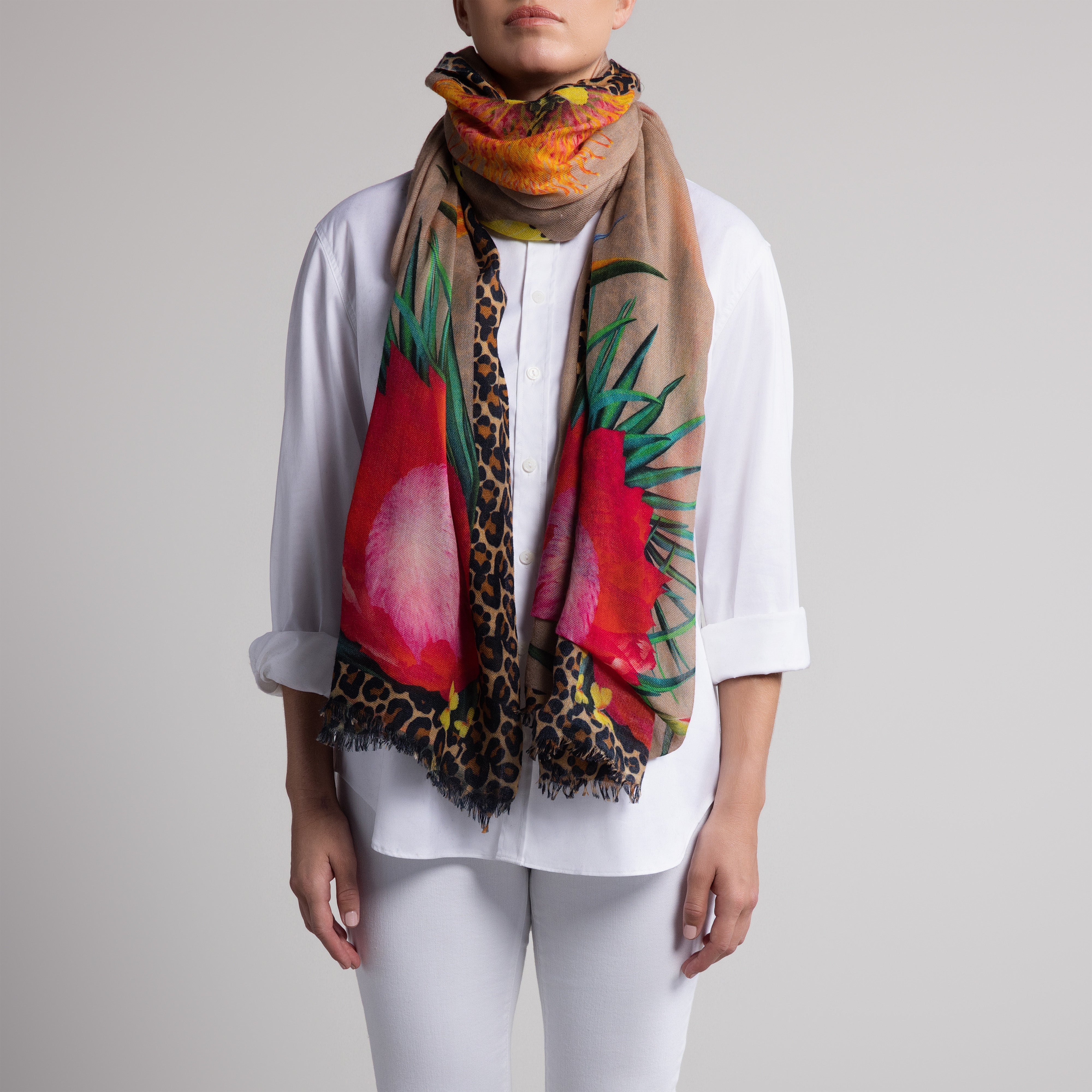 Protea Butterfly 100% Cashmere Scarf in Tan