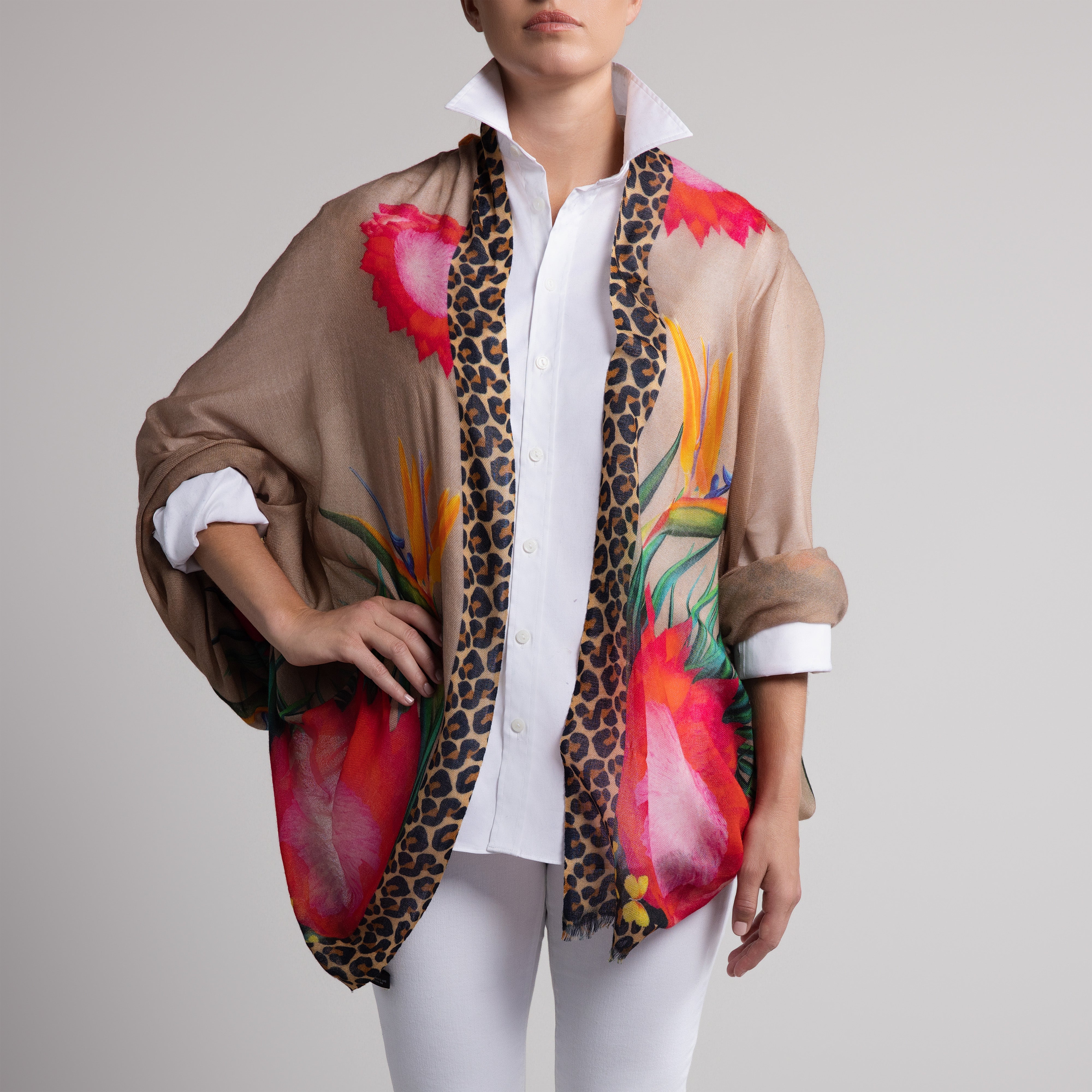 Protea Butterfly 100% Cashmere Scarf in Tan