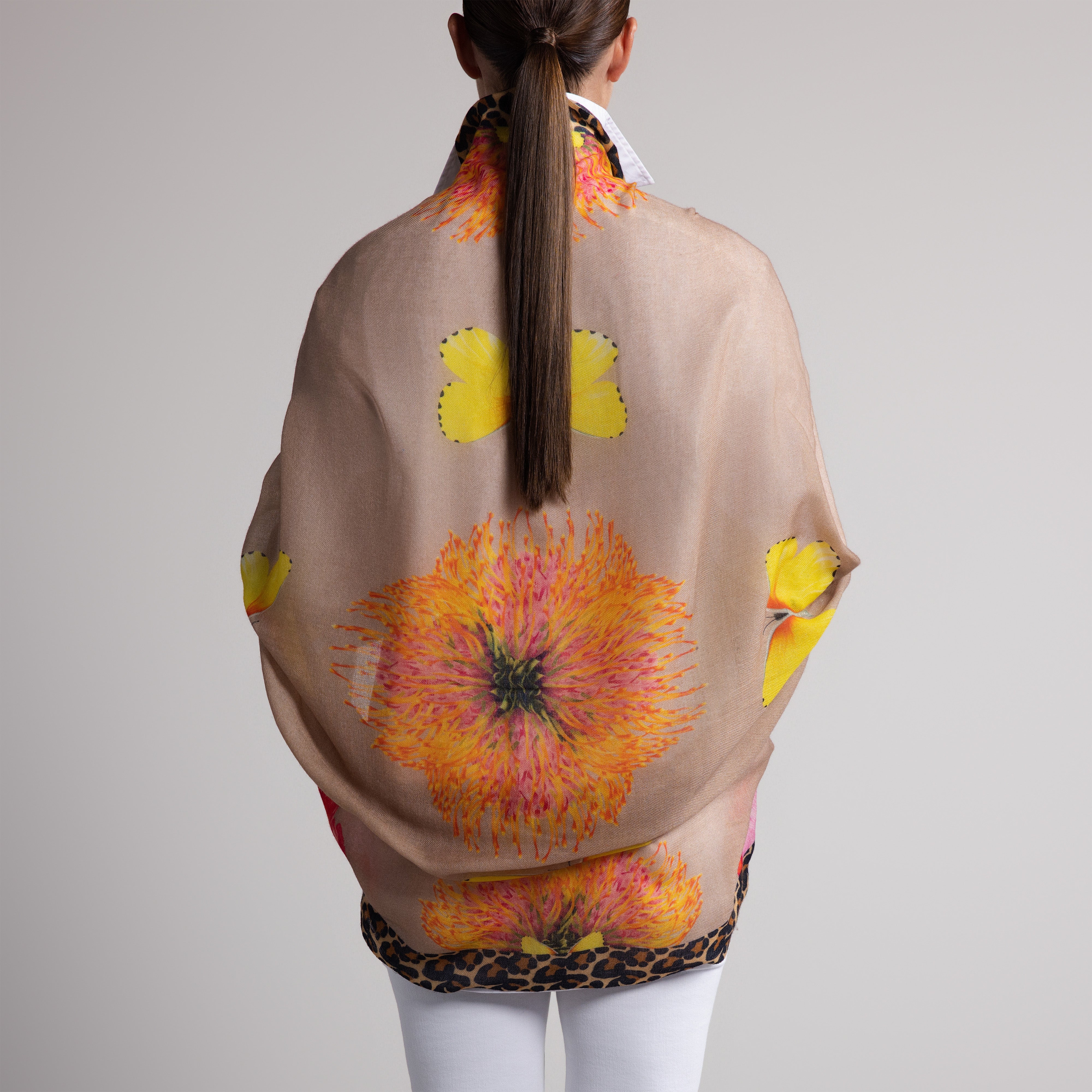 Protea Butterfly 100% Cashmere Scarf in Tan