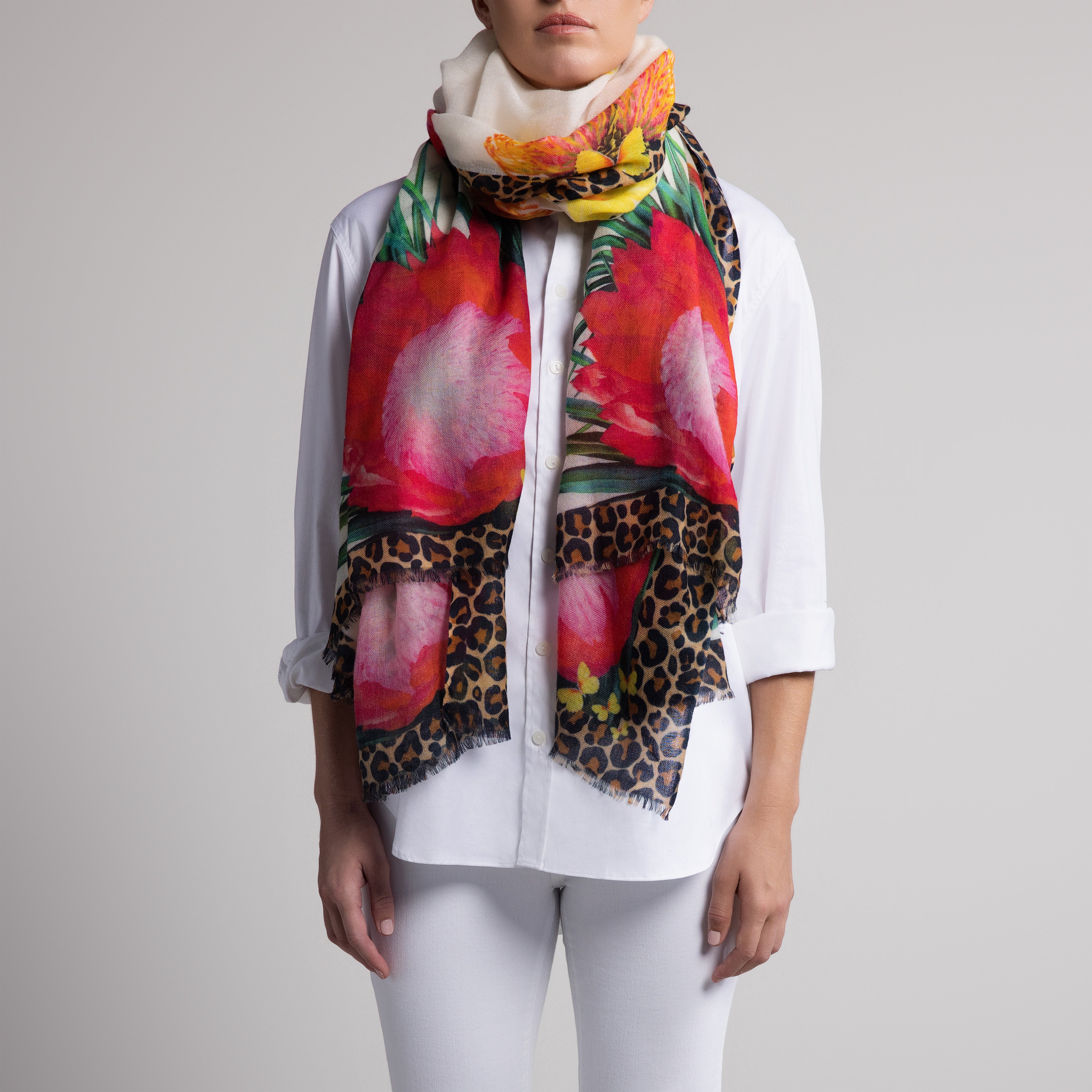 Protea Butterfly 100% Cashmere Scarf in White