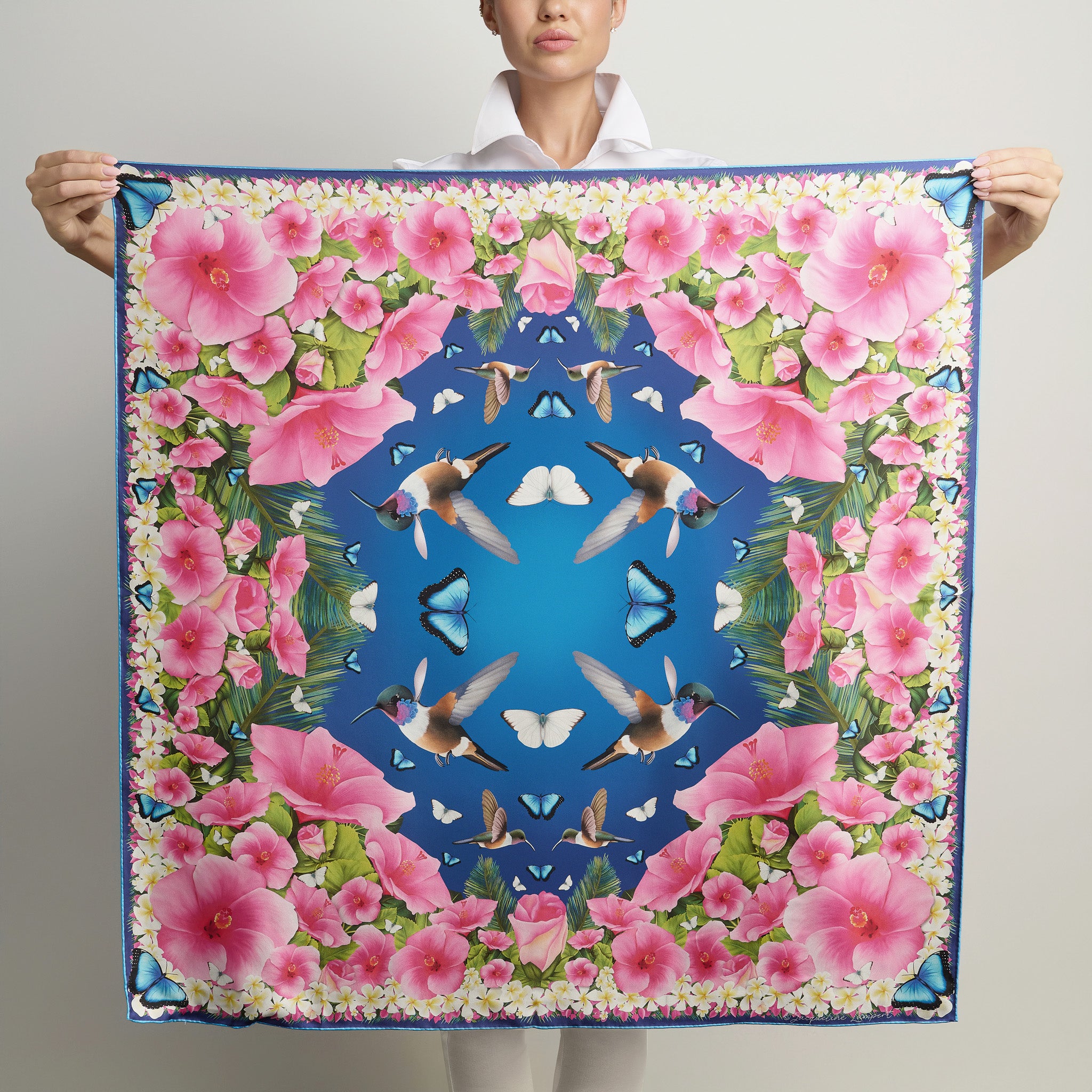 Midnight blue classic silk scarf with hummingbirds hibiscus flowers blue morpho butterflies and tropical floral border.