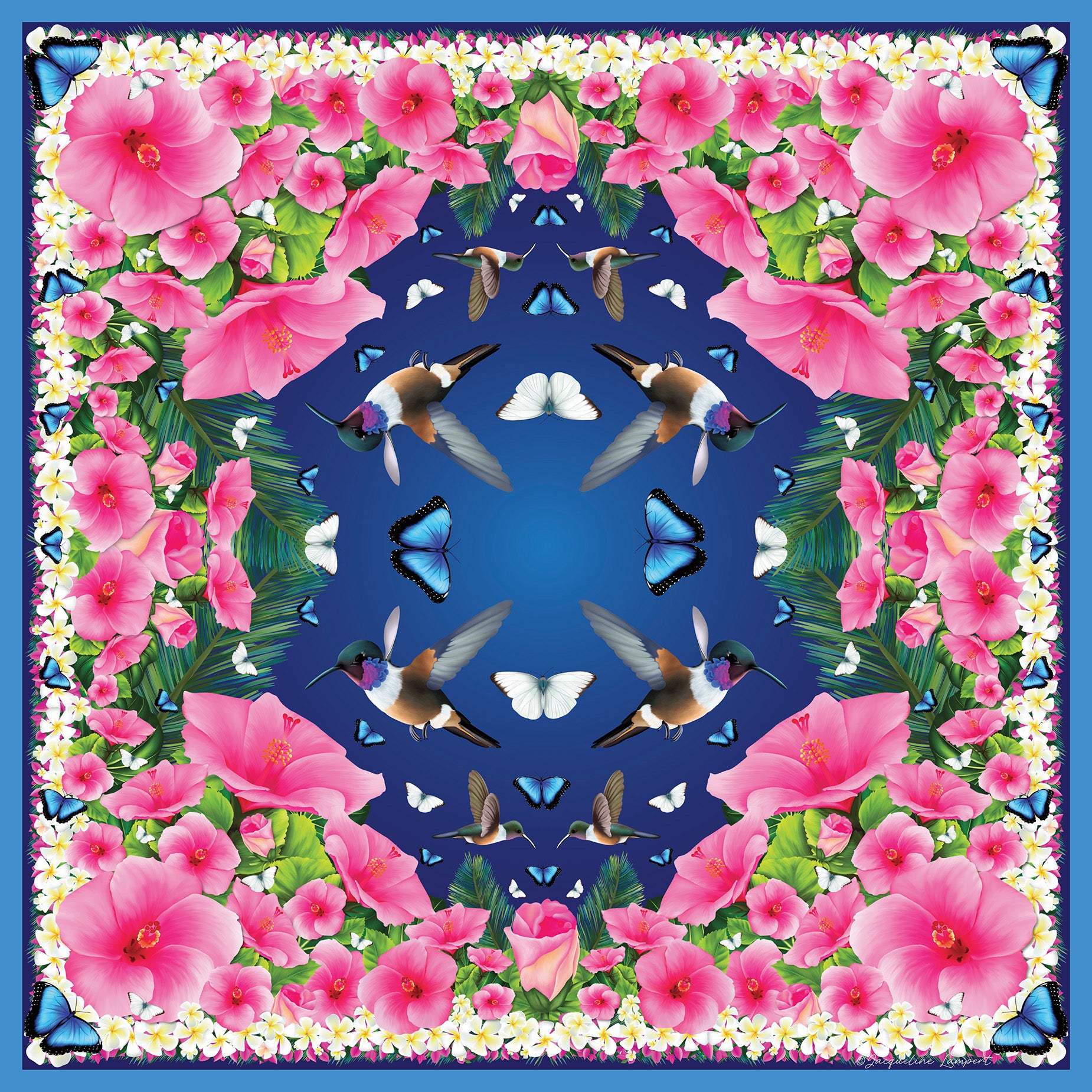 Bahama Hummingbird & Hibiscus Classic Silk Scarf in Midnight Blue