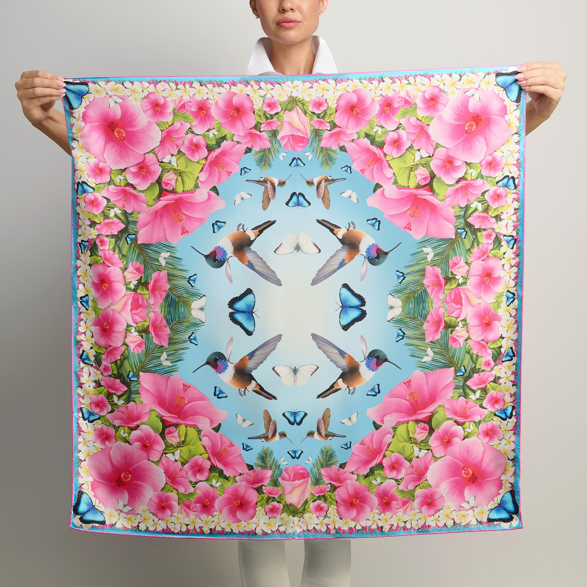 Sky blue classic silk scarf with Bahama hummingbirds hibiscus flowers butterflies and Caribbean inspired artwork.