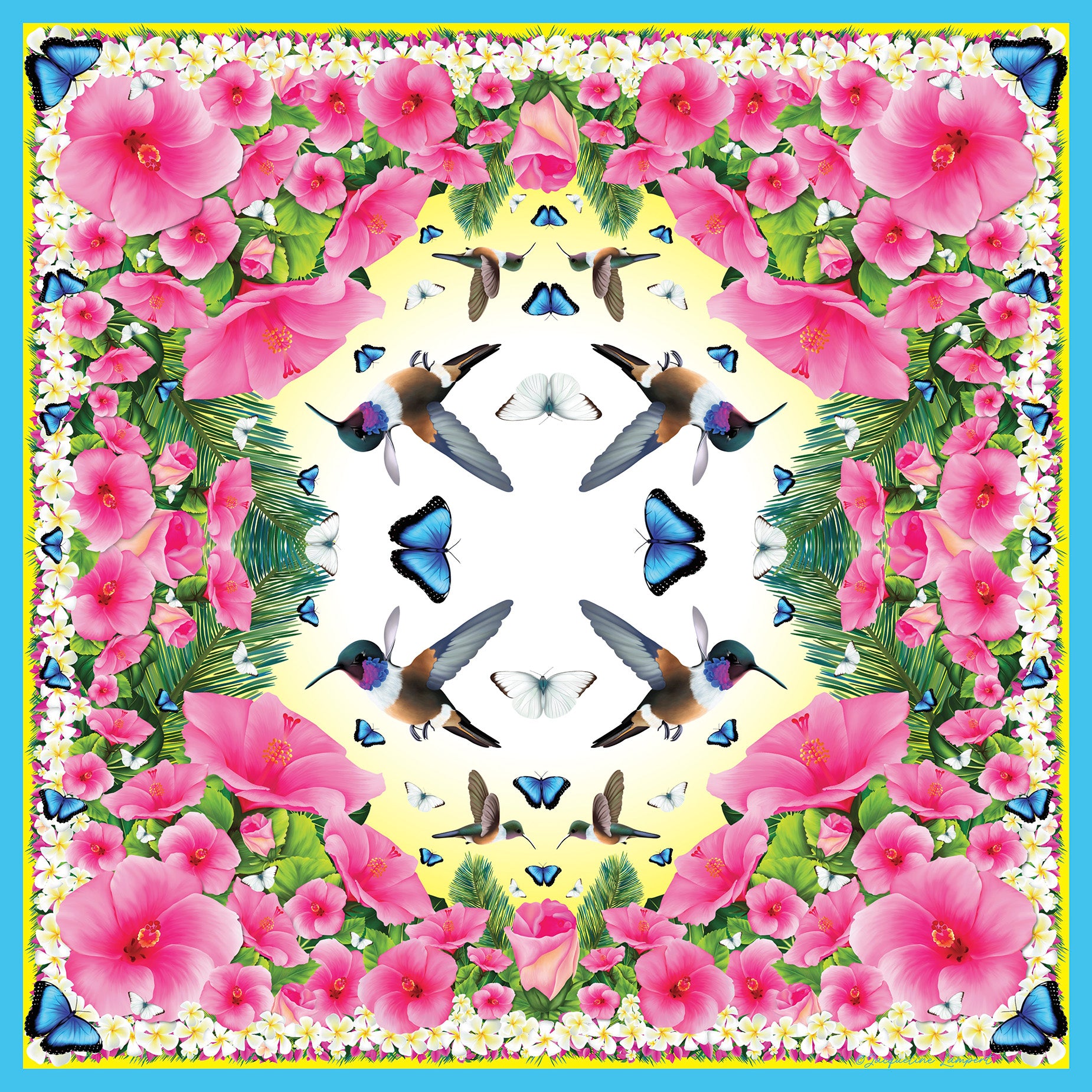 Bahama Hummingbird & Hibiscus Classic Silk Scarf in Yellow