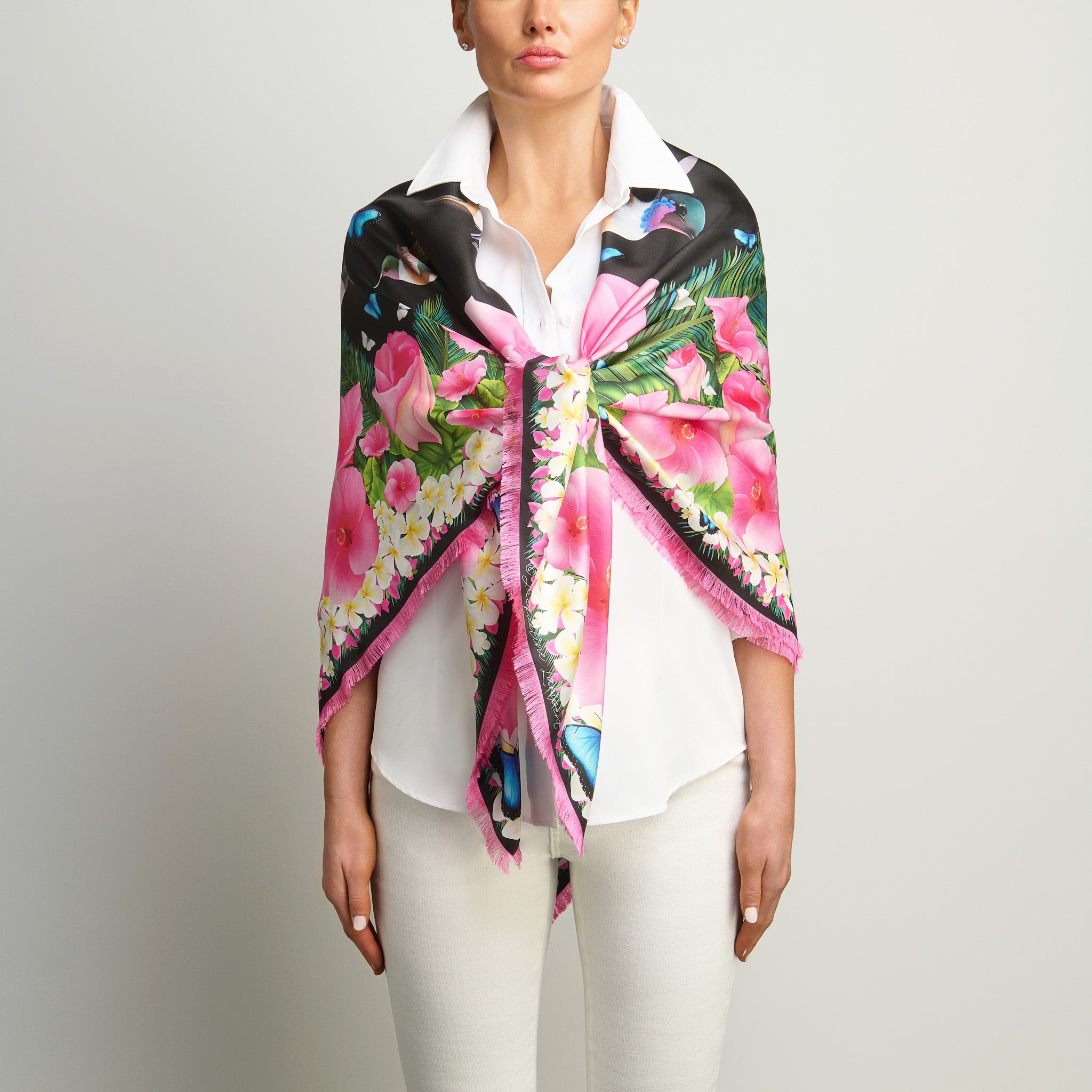 Hummingbirds & Hibiscus - Black Grande Silk Scarf
