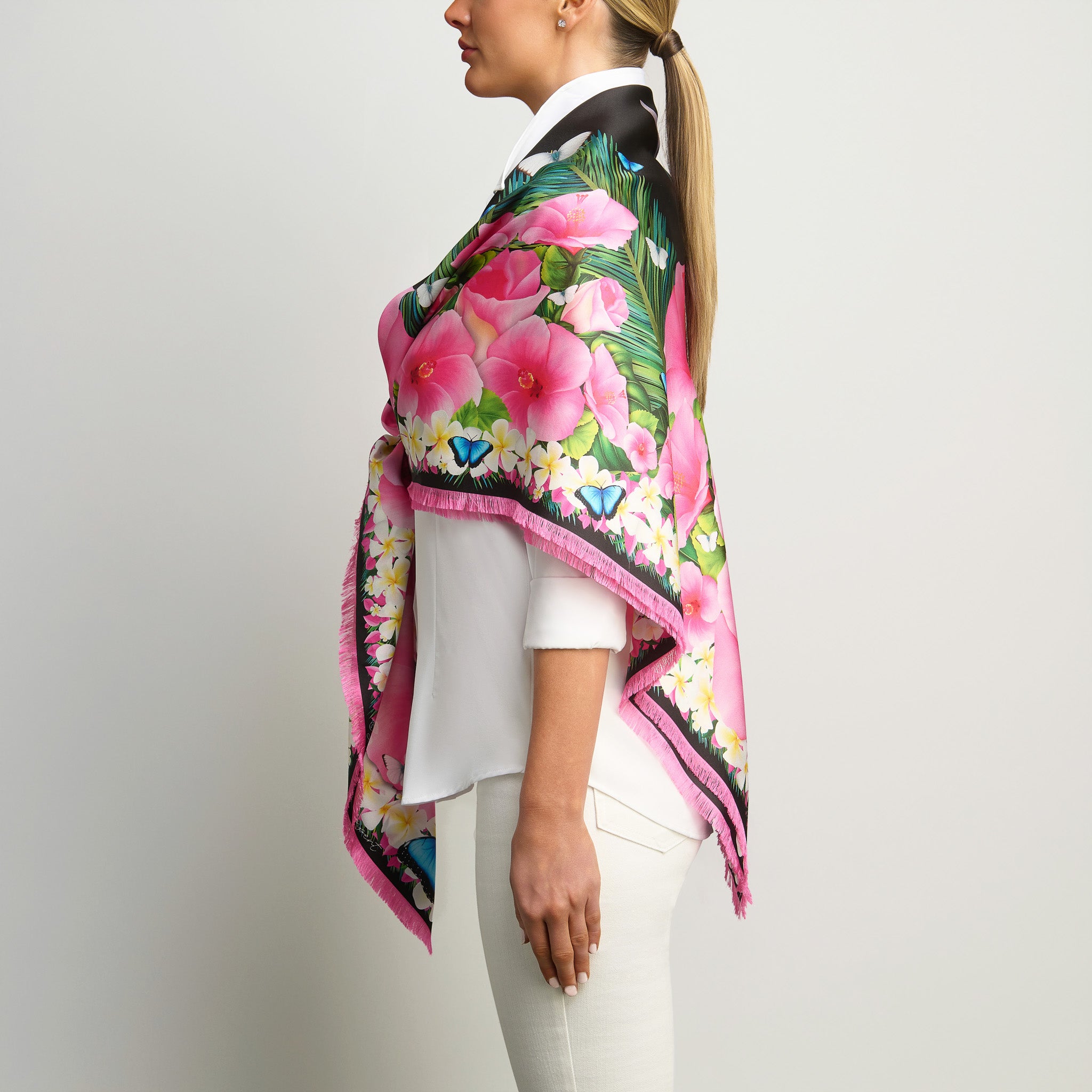 Hummingbirds & Hibiscus - Black Grande Silk Scarf