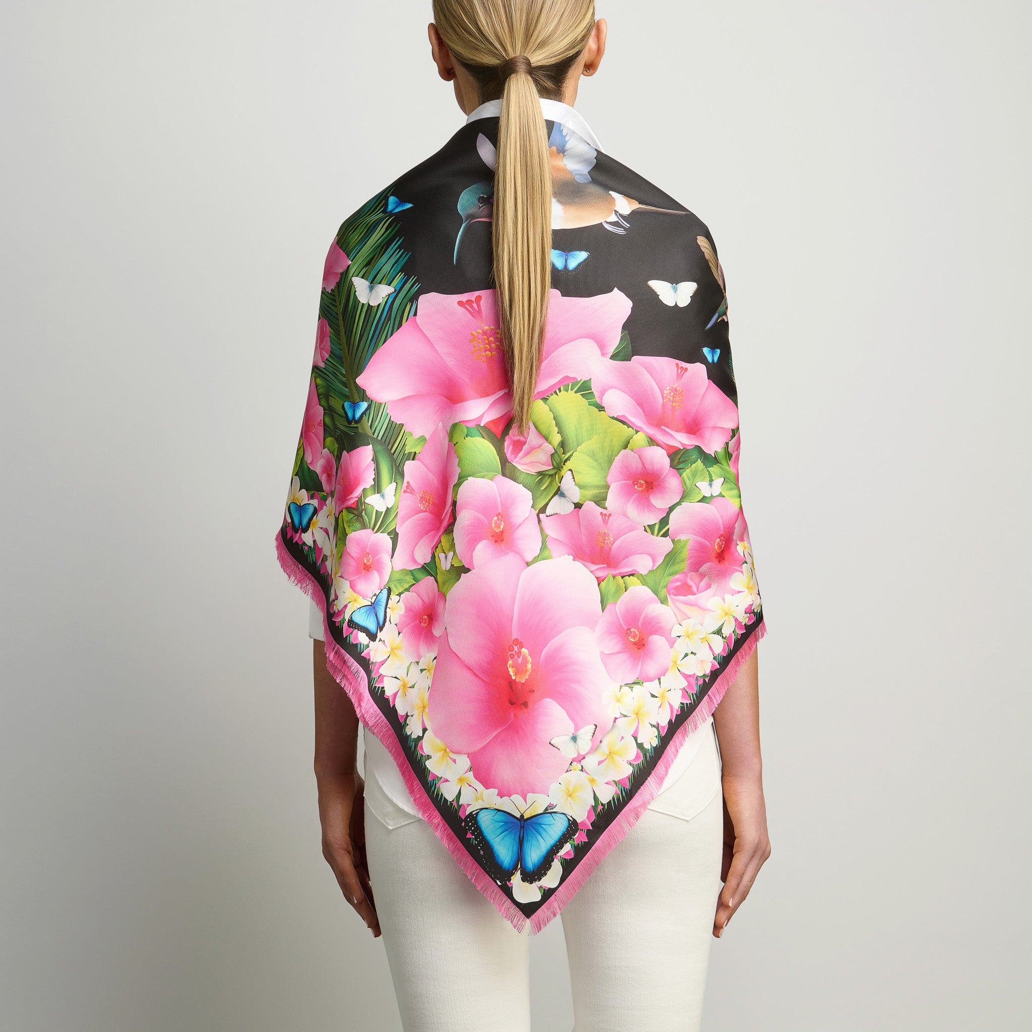 Hummingbirds & Hibiscus - Black Grande Silk Scarf