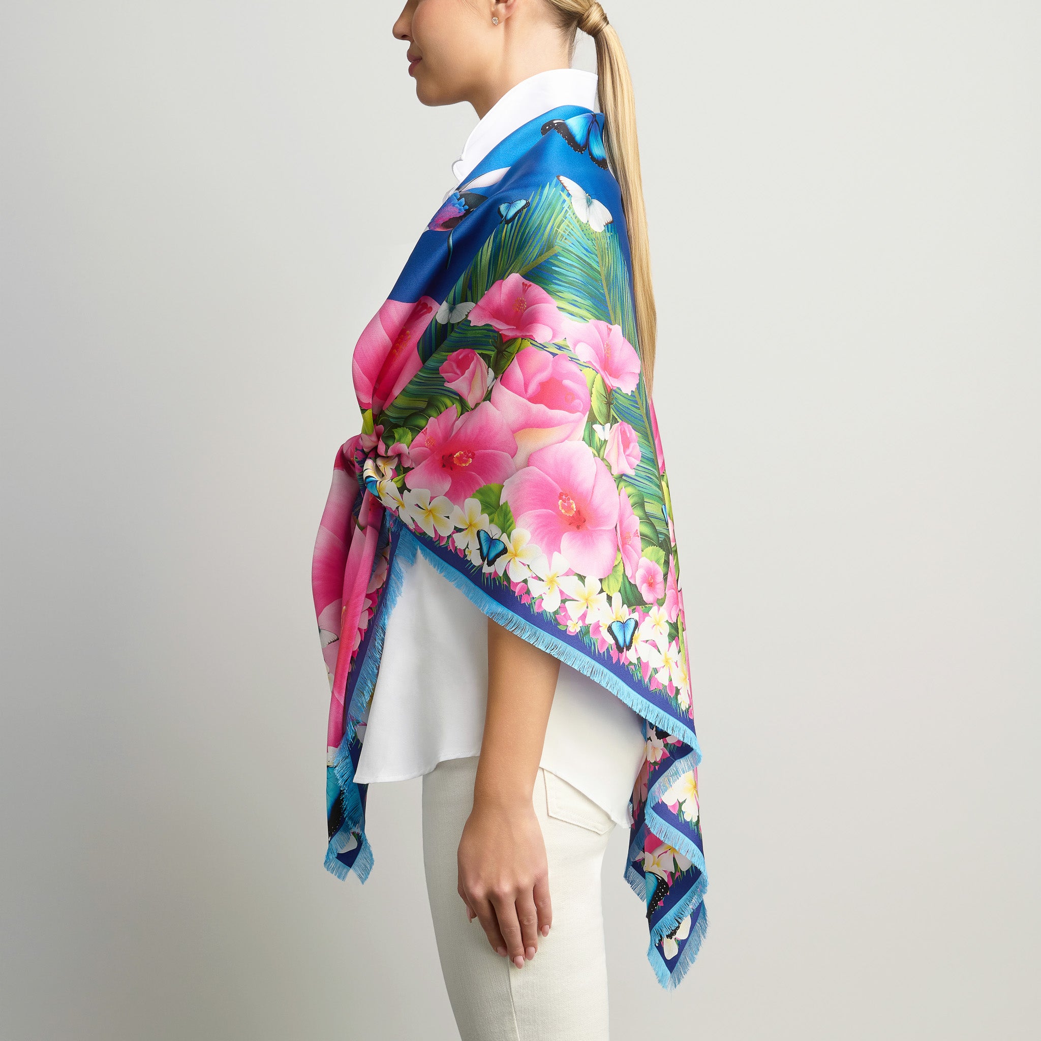 Hummingbirds & Hibiscus in Midnight Blue Grande Silk Scarf