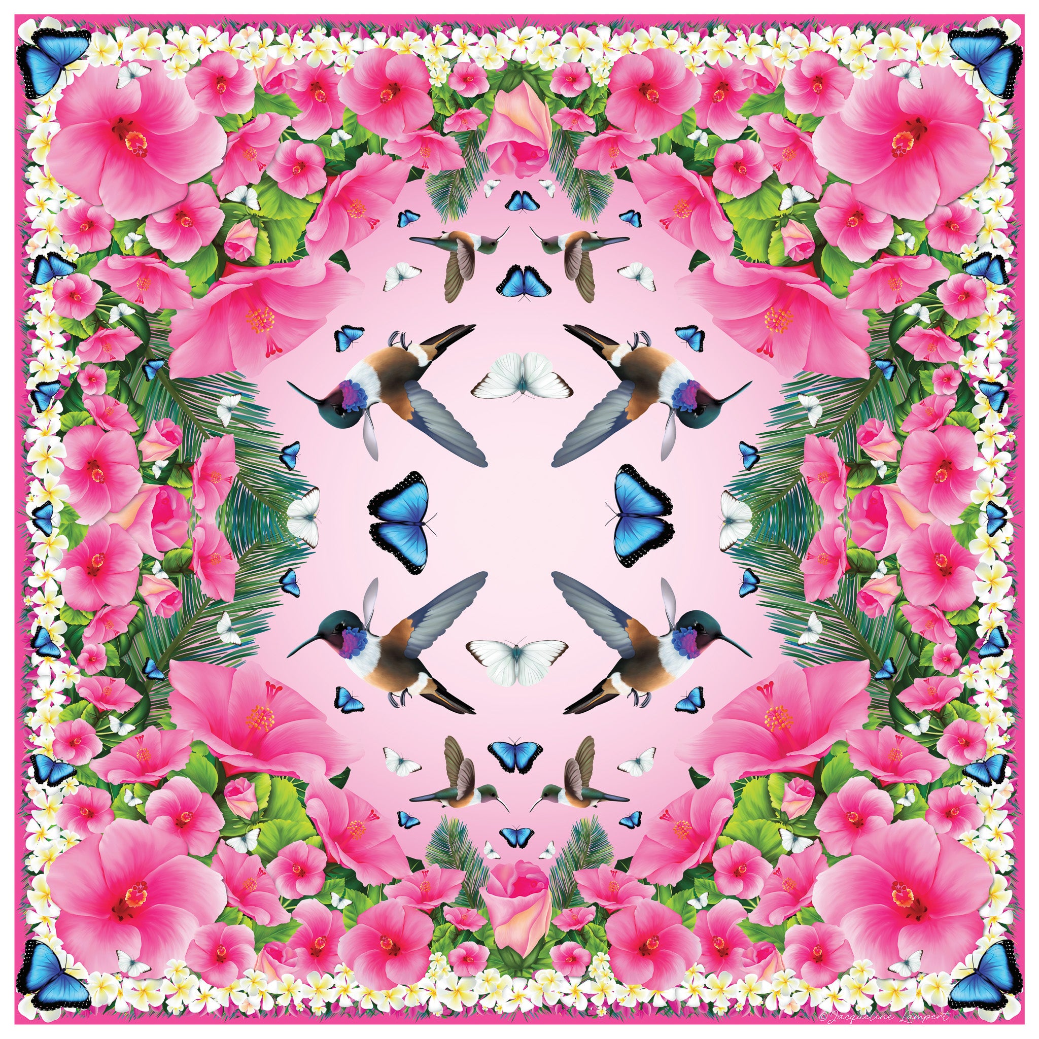 Hummingbirds & Hibiscus - Pale Pink Grande Silk Scarf