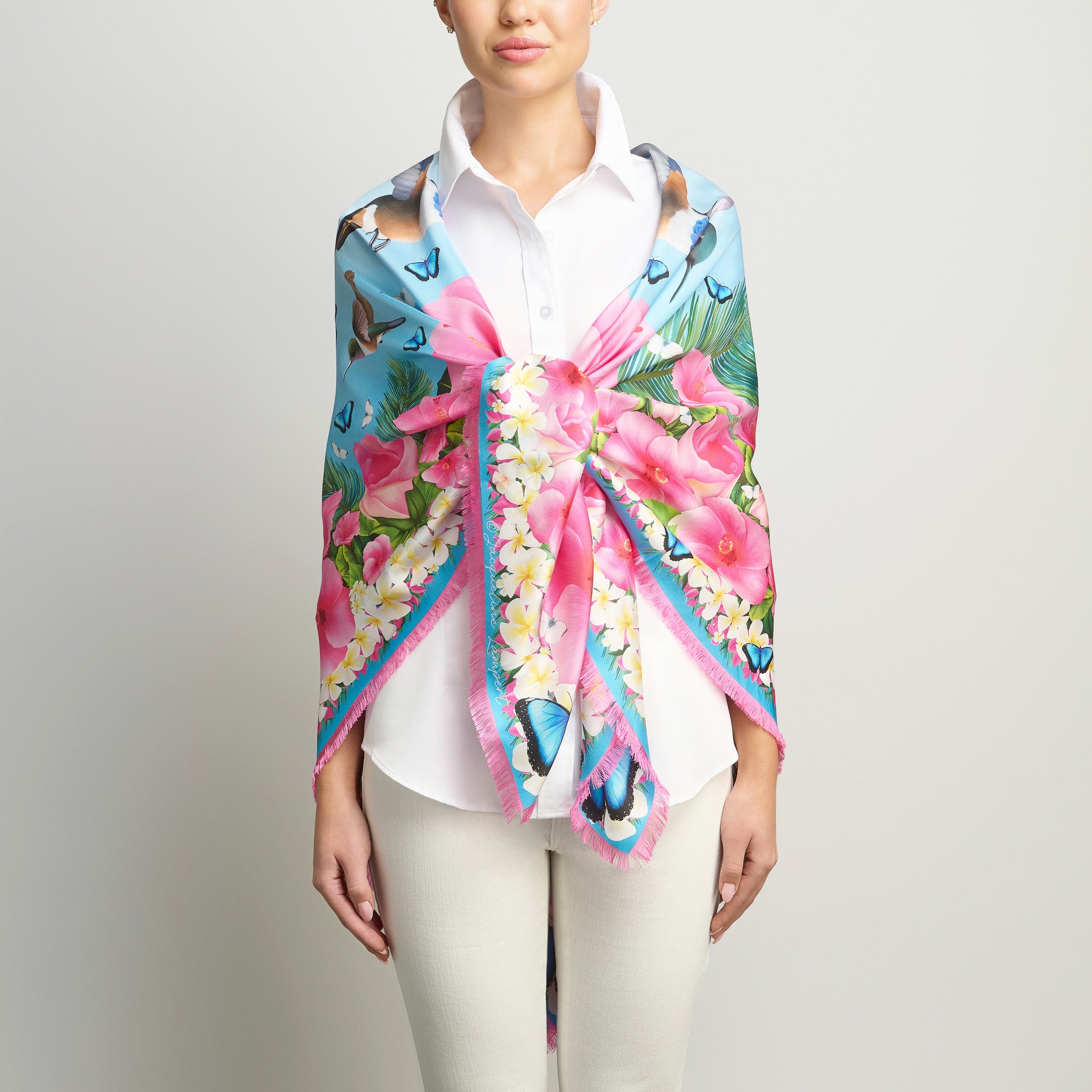 Hummingbirds & Hibiscus - Sky Blue Grande Silk Scarf