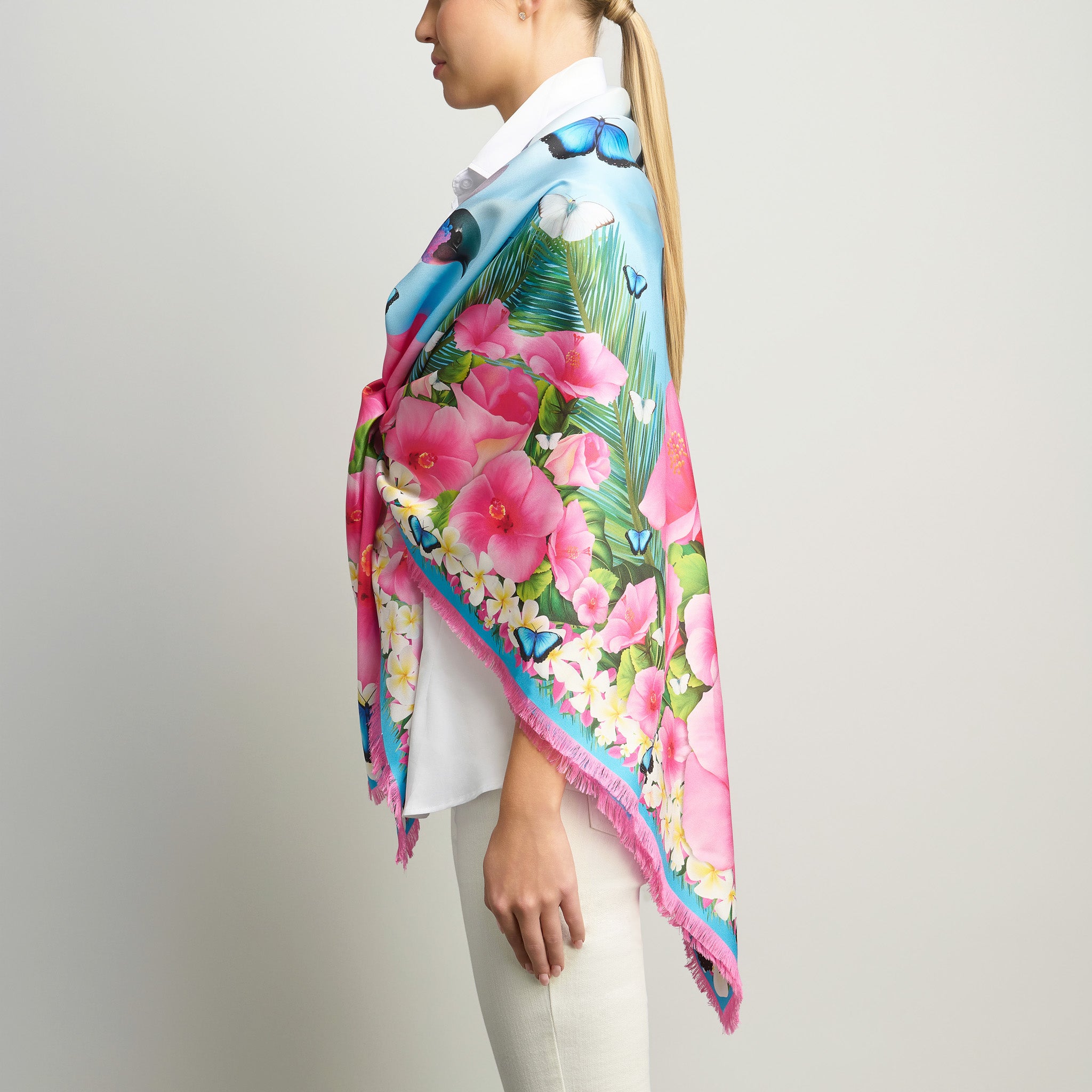 Hummingbirds & Hibiscus - Sky Blue Grande Silk Scarf