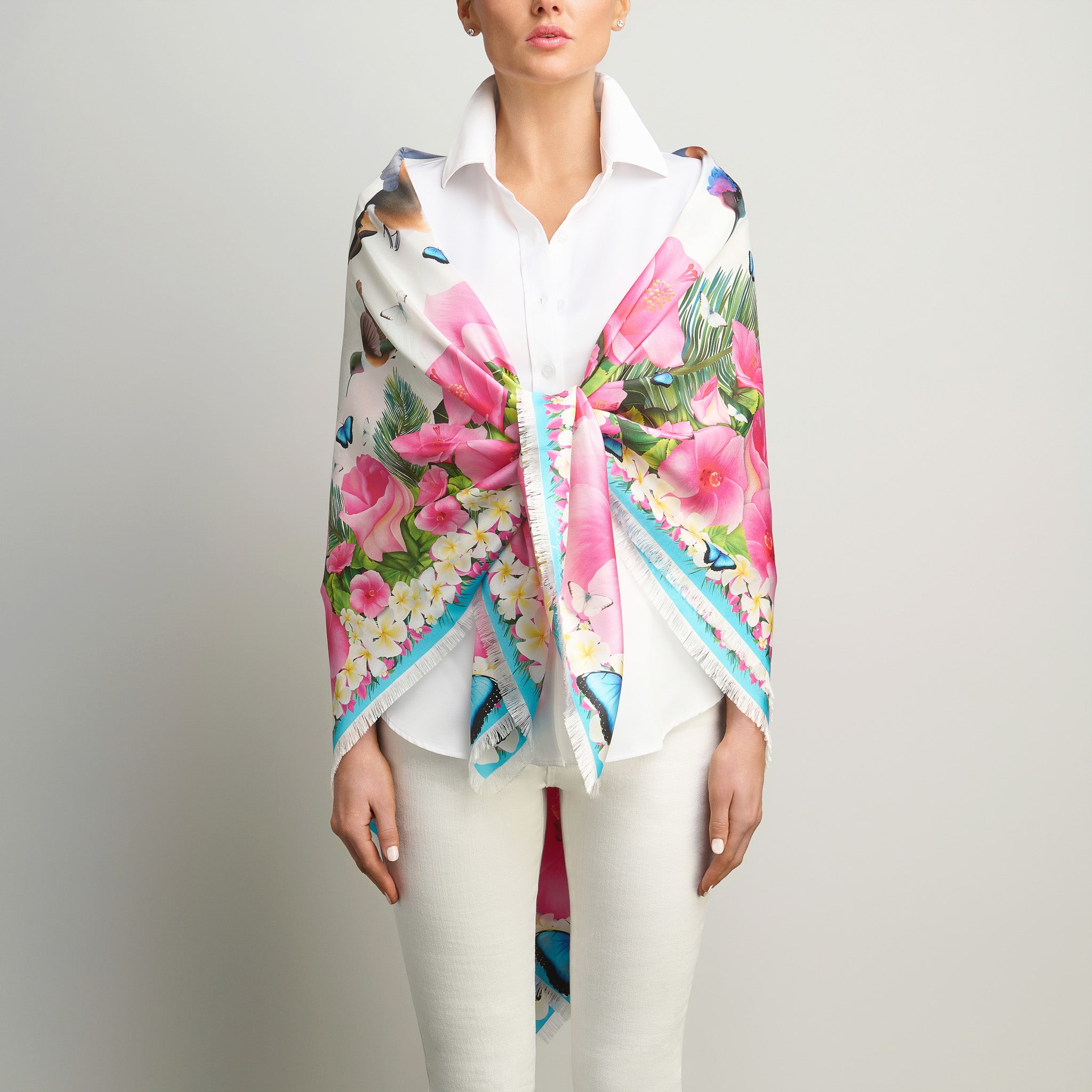 Hummingbirds & Hibiscus - White Grande Silk Scarf
