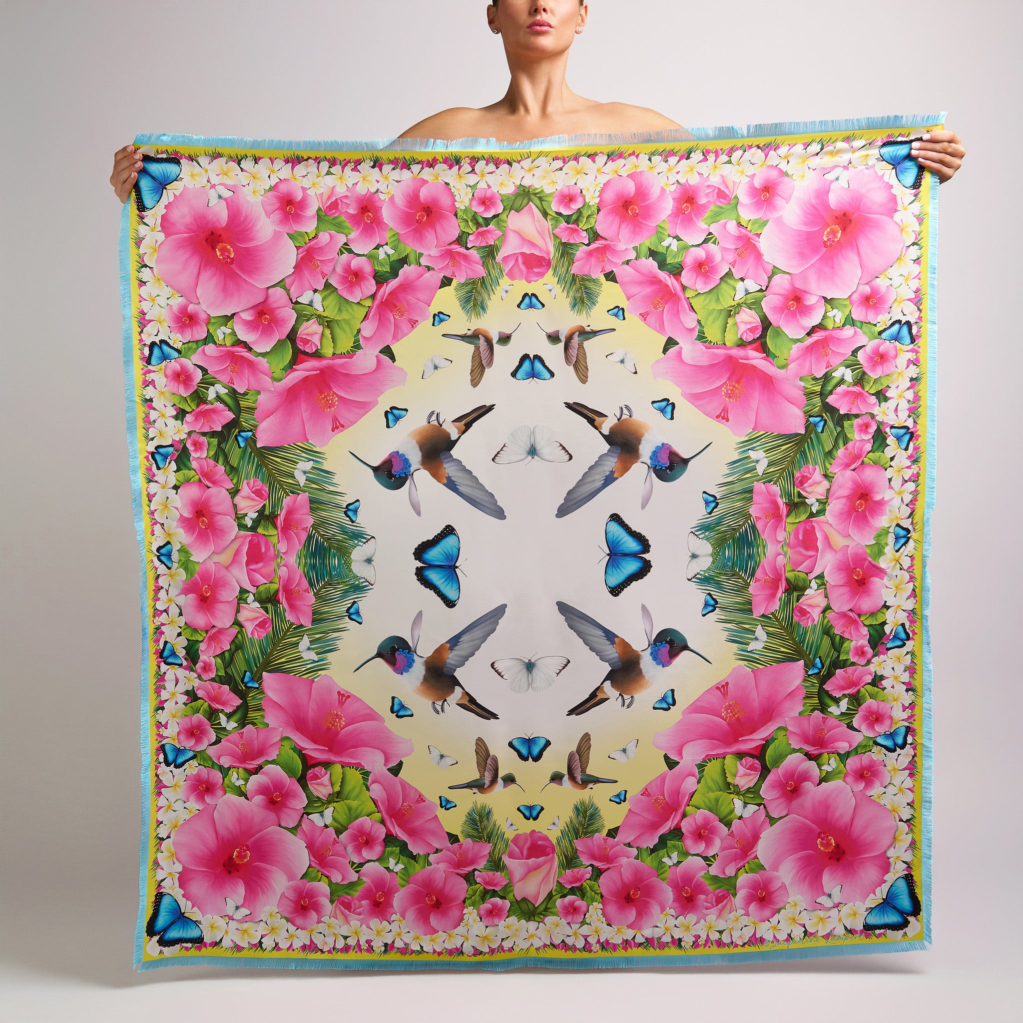 Yellow and white grande silk scarf featuring hand-drawn Bahama Woodstar hummingbirds, hibiscus flowers, blue morpho butterflies, palm leaves, and frangipani inspired by the Caribbean