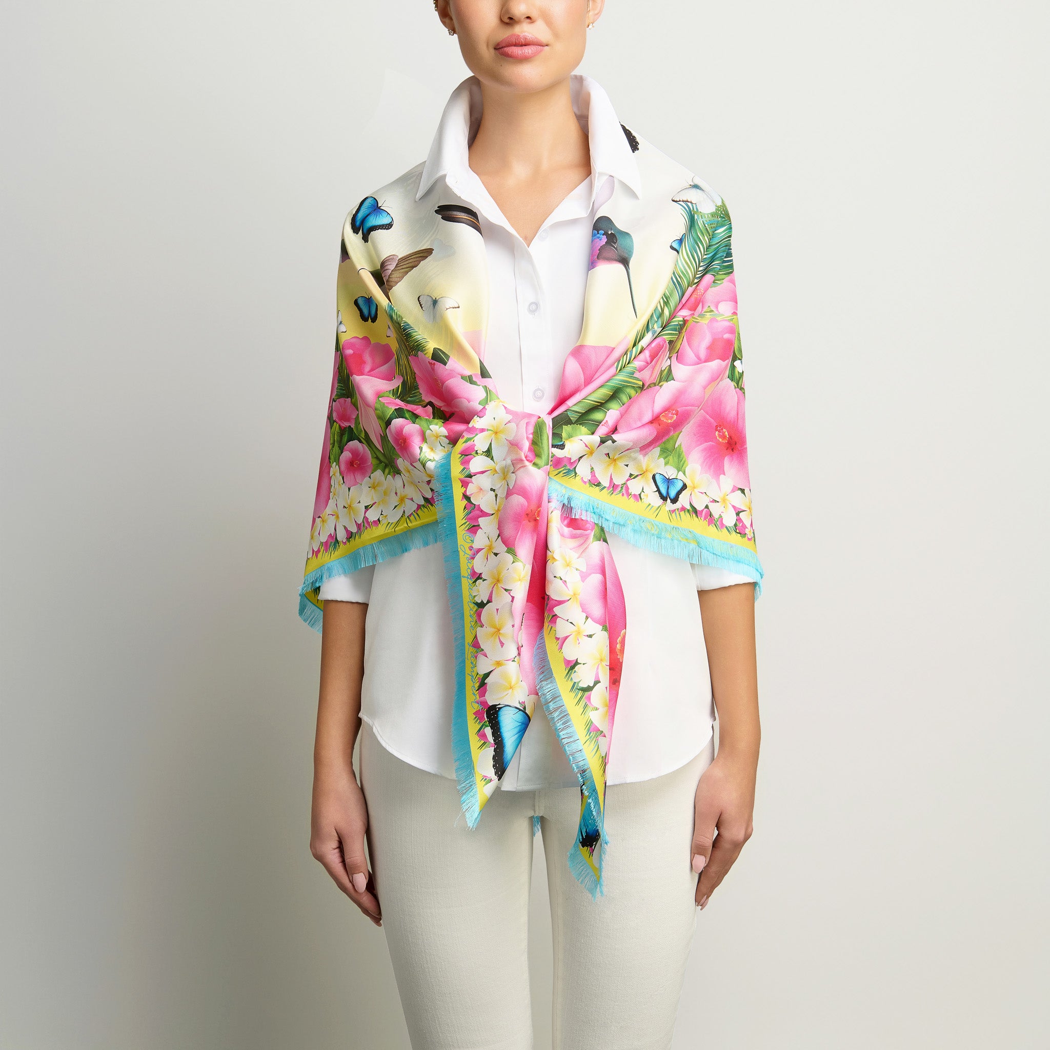 Hummingbirds & Hibiscus - Yellow Grande Silk Scarf
