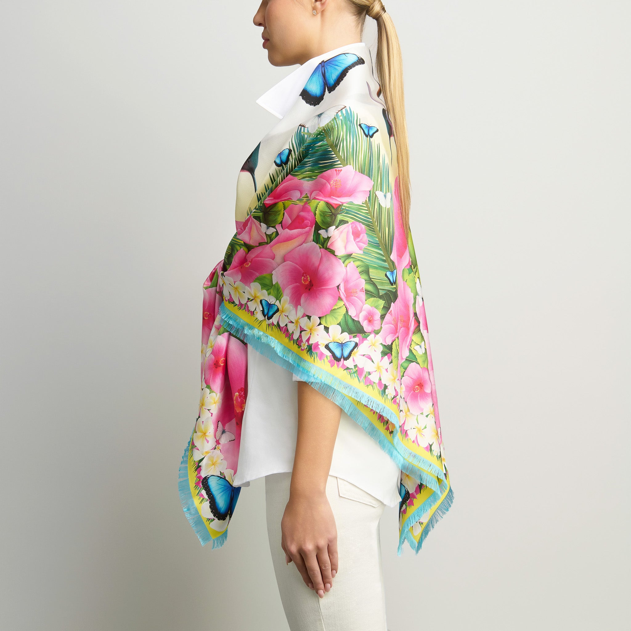 Hummingbirds & Hibiscus - Yellow Grande Silk Scarf