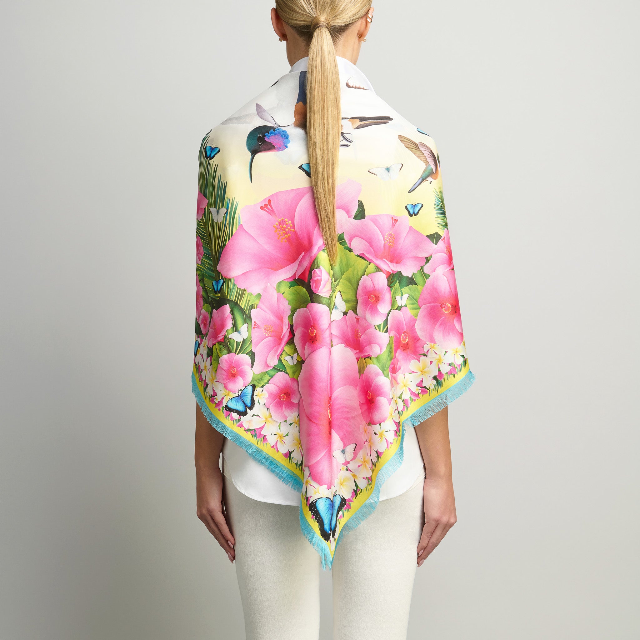 Hummingbirds & Hibiscus - Yellow Grande Silk Scarf